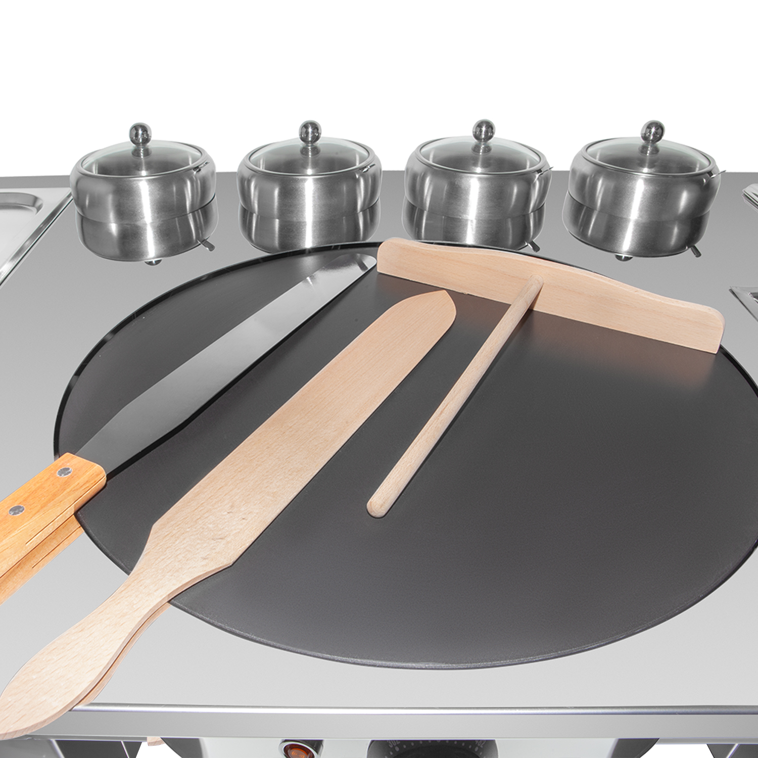 ALDKitchen Crepe Maker with Service Station | Nonstick Plate | 8 Pots and Tools Included