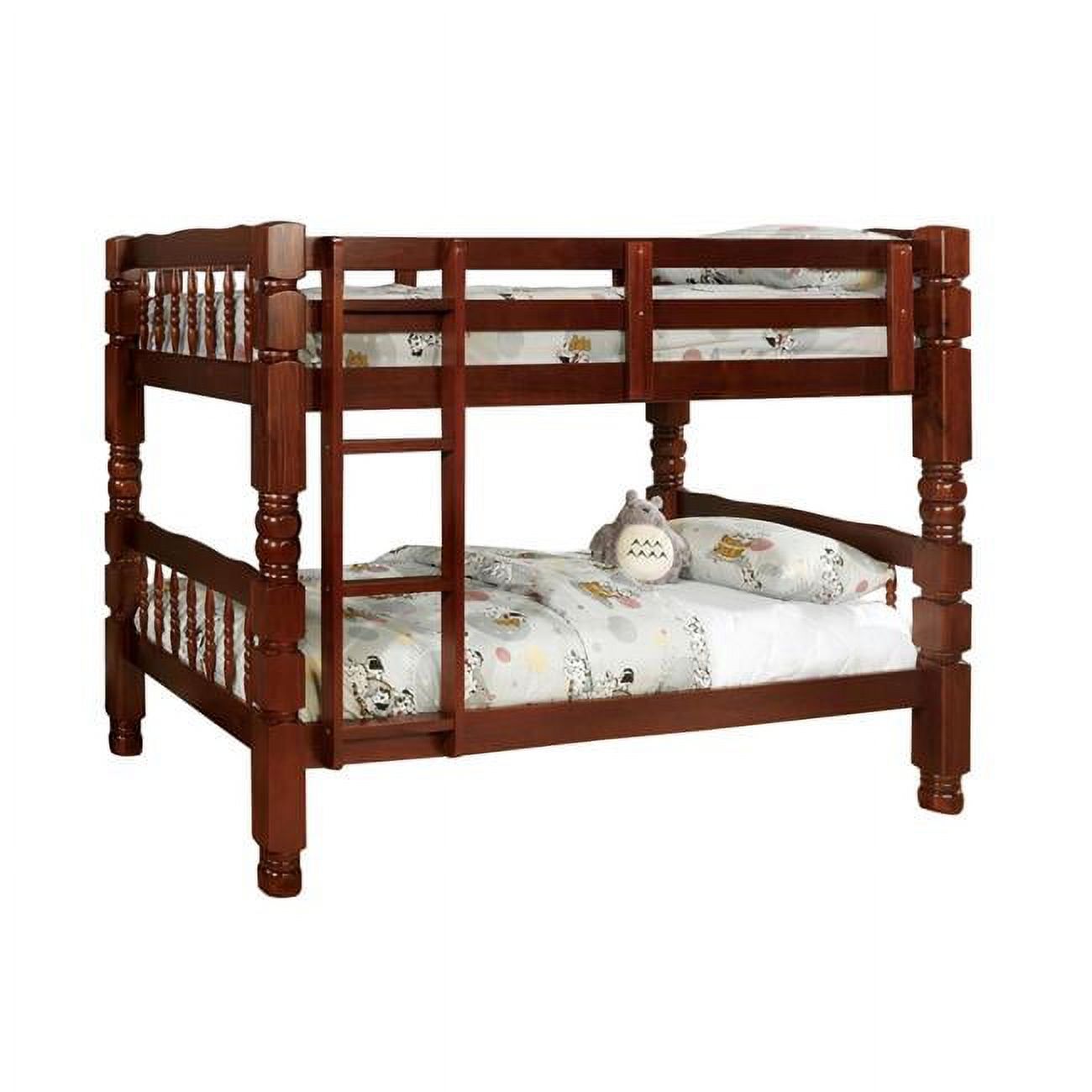 Wooden Twin Over Twin Size Bunk Bed with Bobbin Motif Spindles - Brown - 57.5 x 43.75 x 82.63 in.