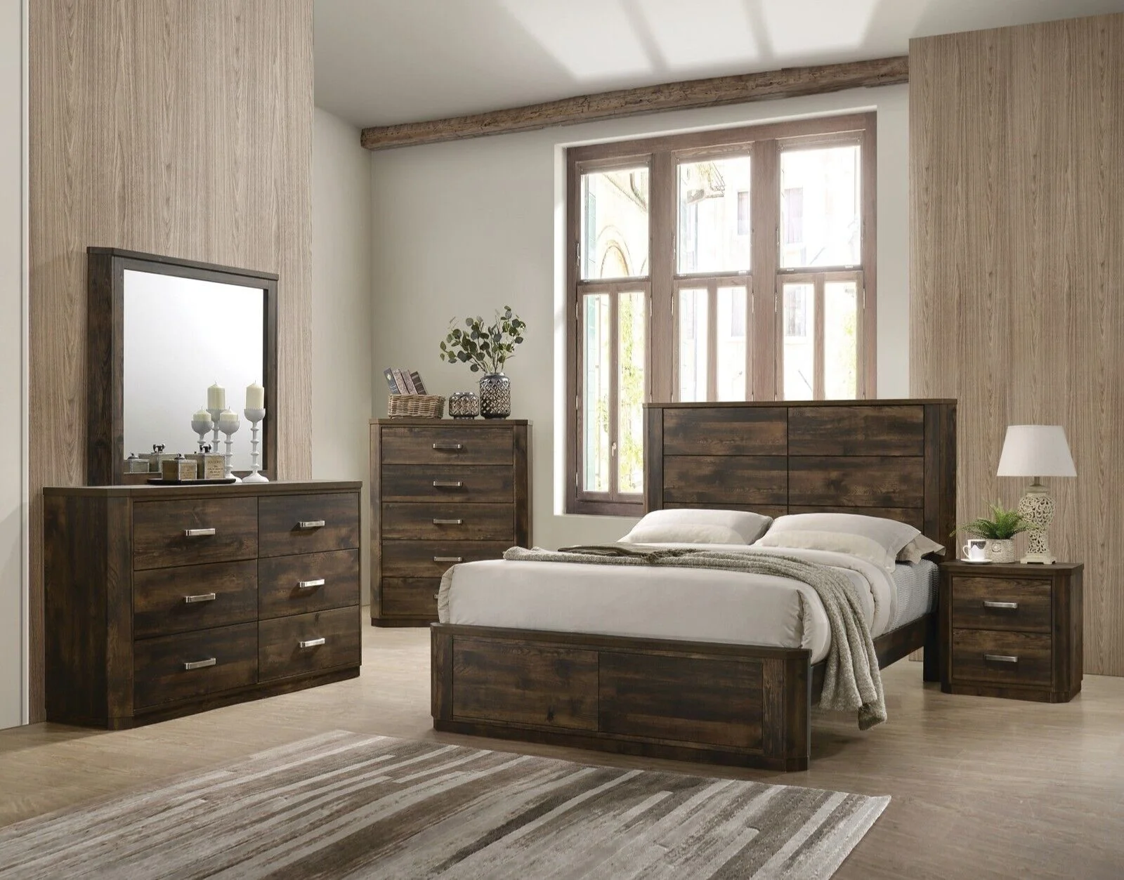 Contemporary 5pc Queen Bedroom Set Grooved Panels Bed Dresser Mirror Chest Nightstand Rustic Walnut Finish Furniture
