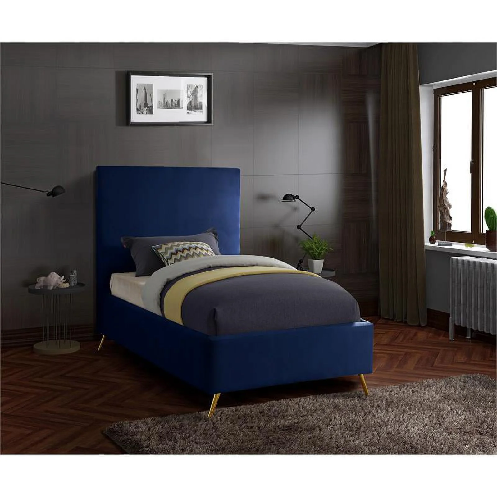 Maklaine Contemporary Velvet Twin Bed in Navy