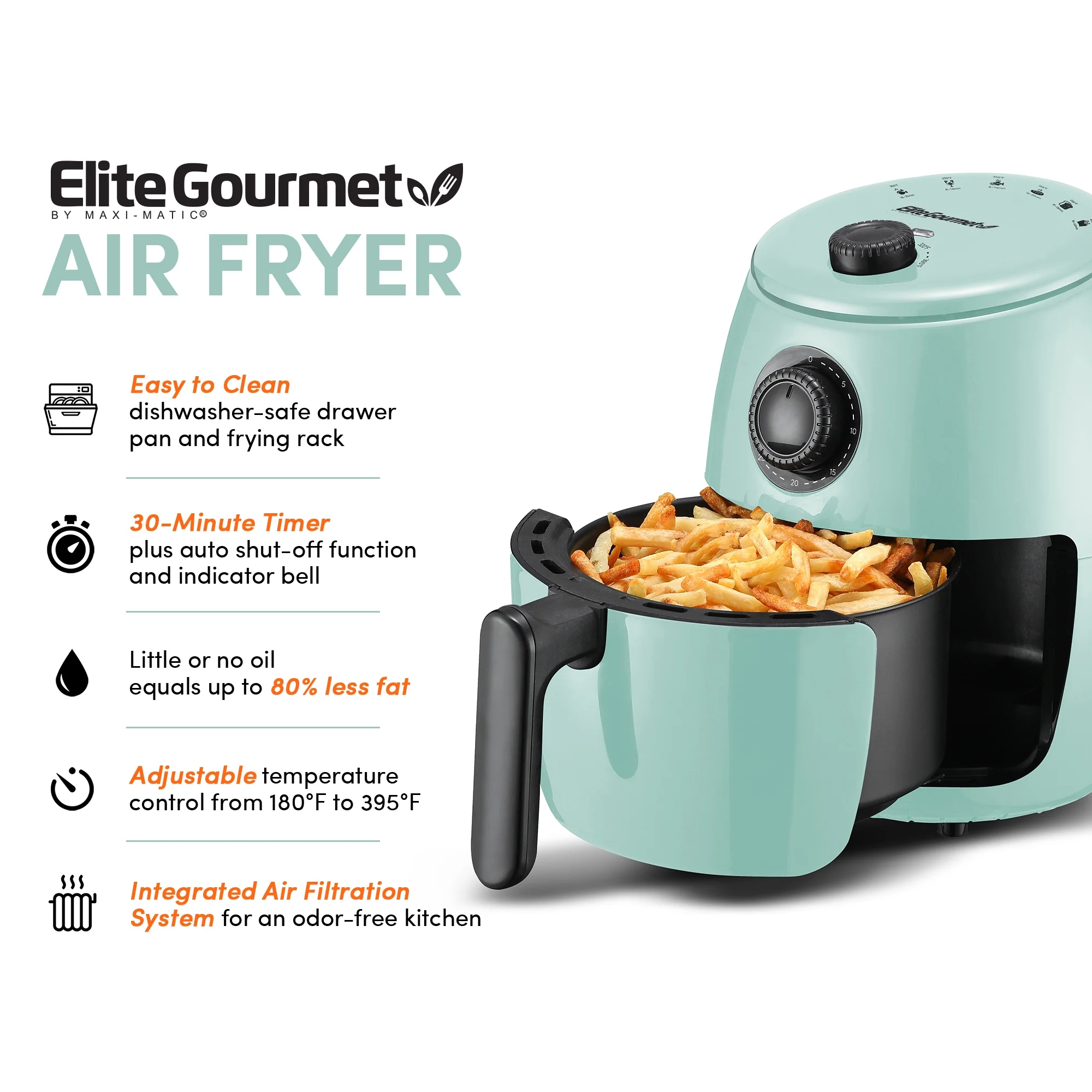 Elite Platinum 2.1qt Hot Air Fryer with Adjustable Timer and Temperature EAF-0201BL