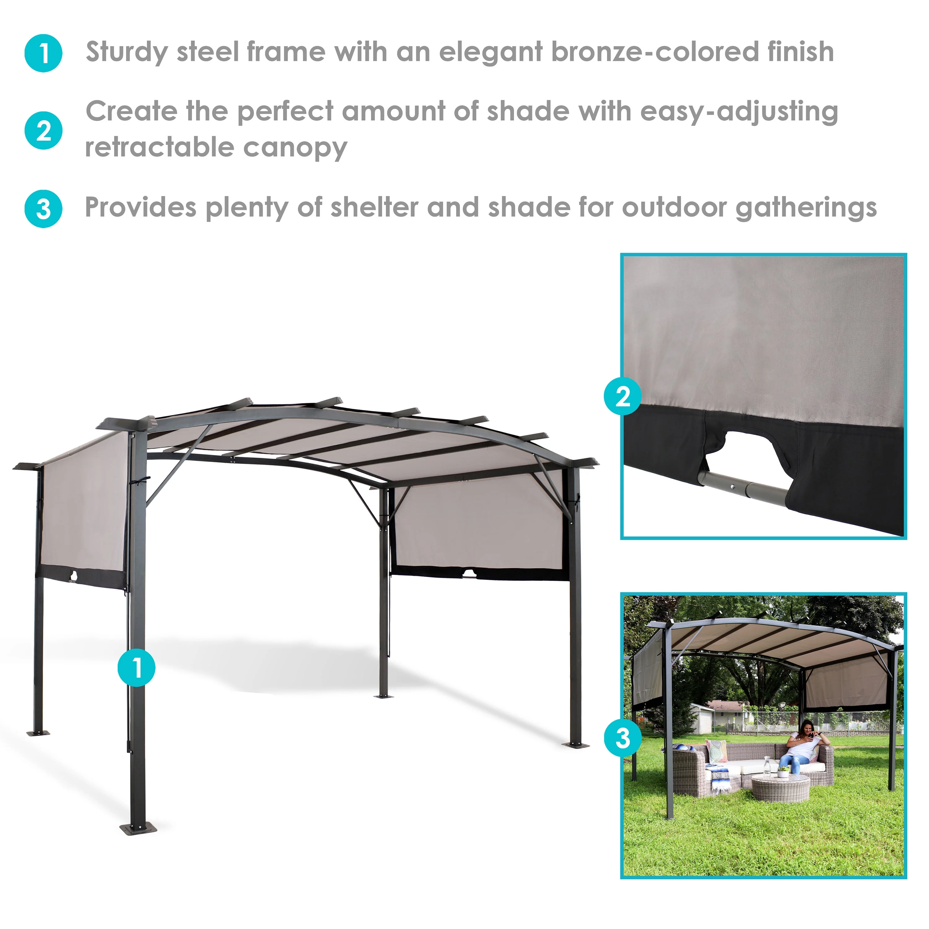 Sunnydaze 9' x12' Metal Arched Pergola with Retractable Canopy - Gray