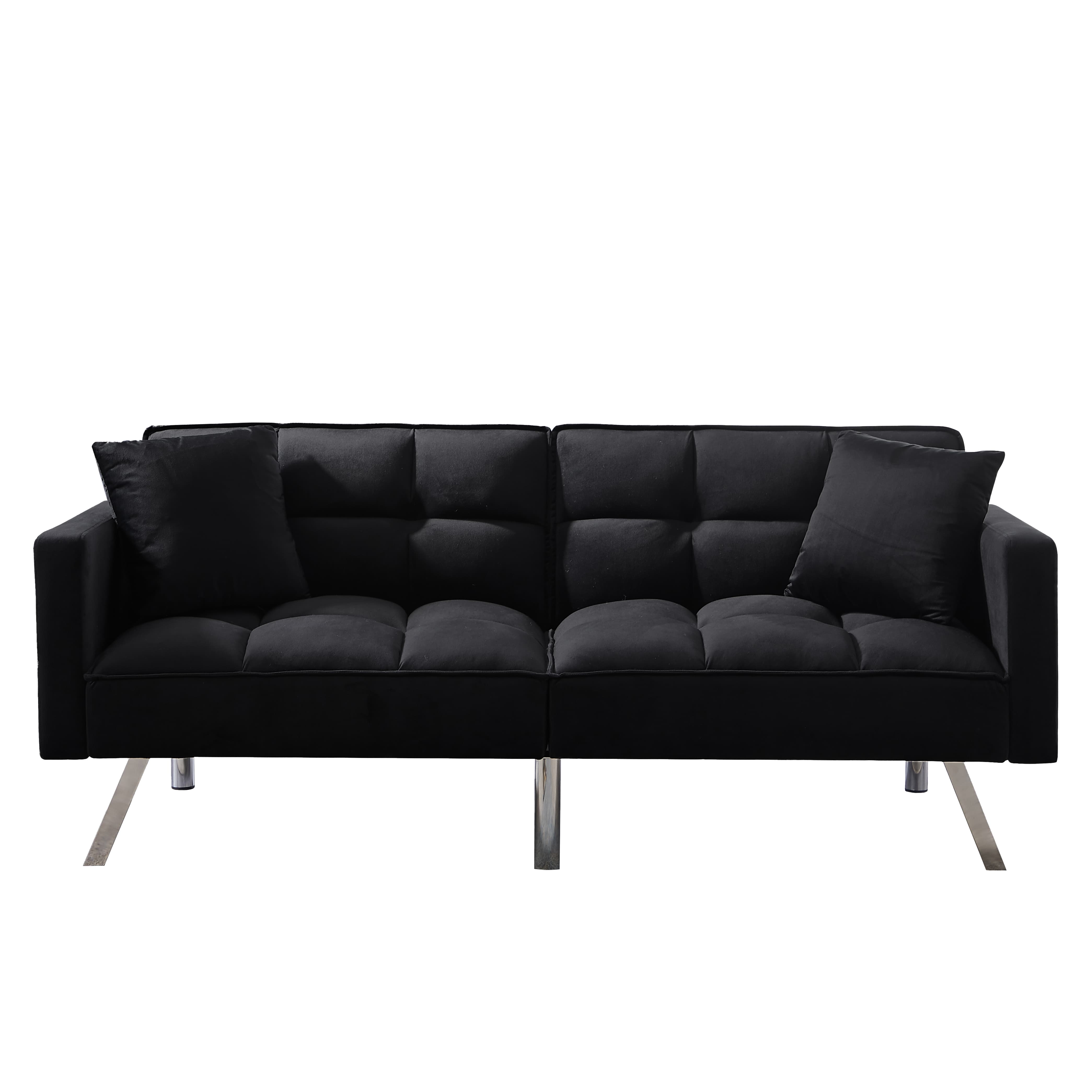 BSHTI Modern Velvet Futon Sofa Bed,Upholstered Tufted Convertible Sofa Sleeper with 2 Pillow(Black)