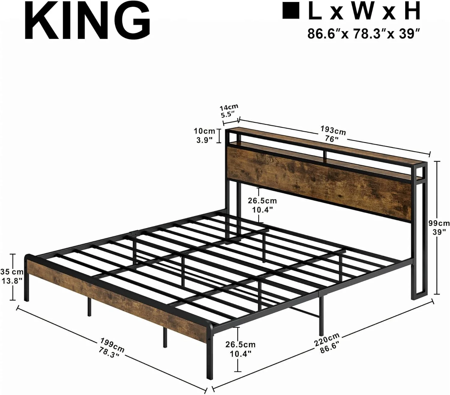 QCAI King Size Bed Frame, Platform Bed with 2-Tier Storage Headboard, Solid and Stable, Noise Free, No Box Spring Needed, Easy Assembly,Vintage Brown