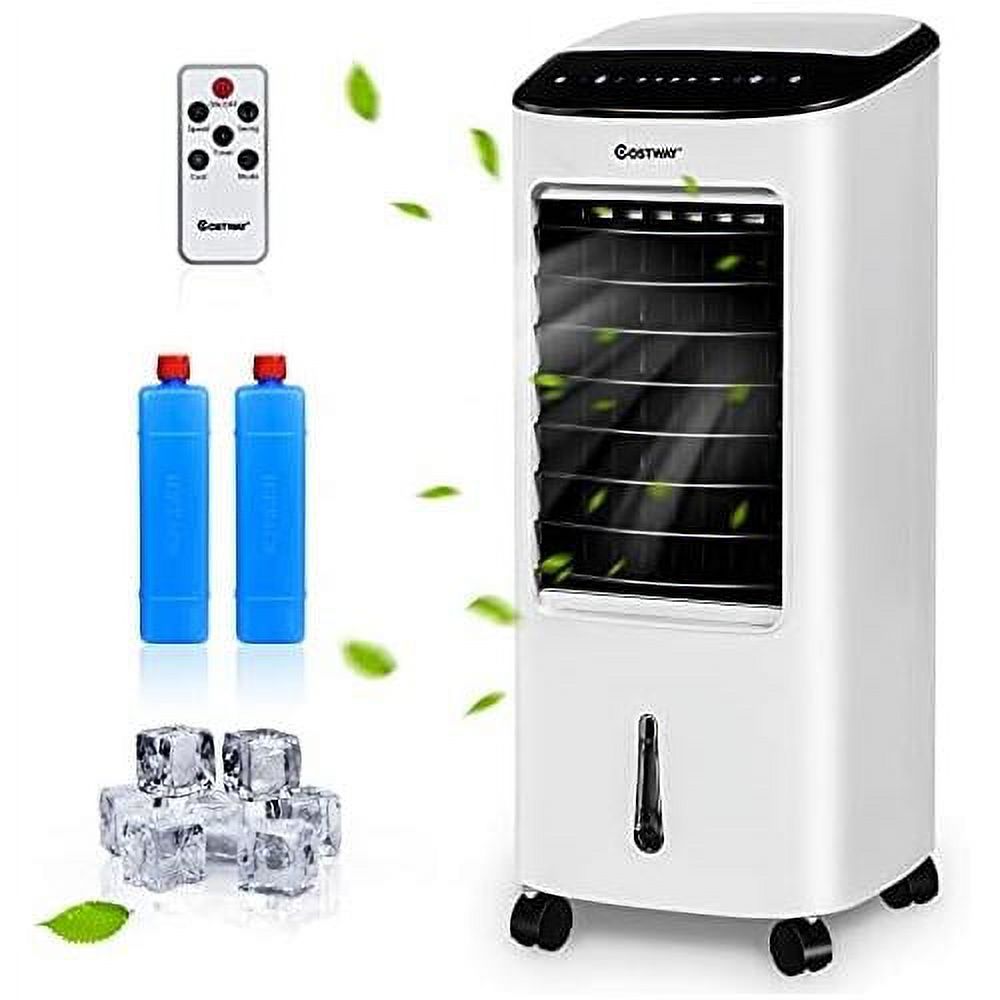 Portable Evaporative Air Cooler For Room, Control, 3-Mode, 7.5H Timer, Include Ice Crystal Boxes, Casters And Water Tank, Bladeless Swamp Cooler For Home Office, Indoor Use, White