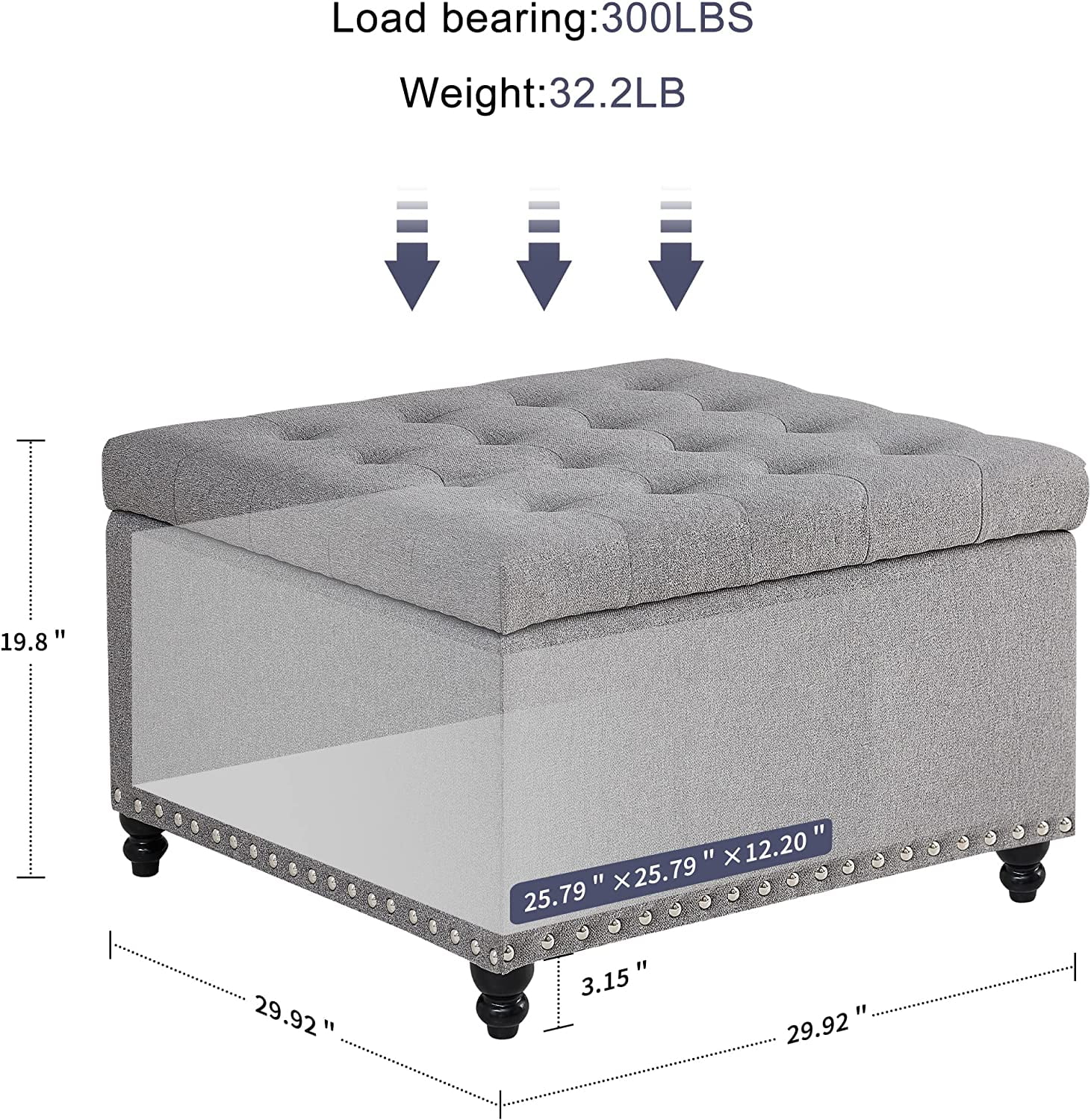 Square Storage Ottoman, 30-inch Large Ottoman Bench with Button-Tufted, Safety Hinge End Of Bed Storage Bench in Upholstered Fabrics for Bedroom, Living Room (Gray)