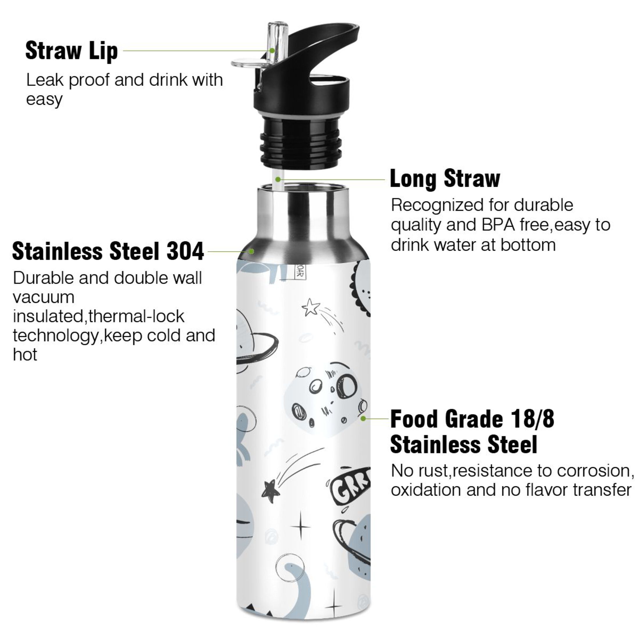 Water Bottle with Straw Lid Leak Dinosaur Galaxy Blue Stainless Steel Insulated Thermos Vacuum Flask for Cold Hot Drinking for Sports Camping Gym Yoga