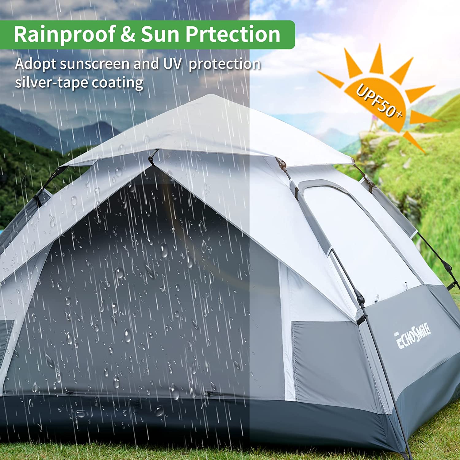 QCAI Pop Up Tent Family Camping Tent, 4 Person Instant Tent, Easy Set Up Tent, Lightweight Portable Automatic Tent, Waterproof Dome Tent, Windproof Outdoor Backpacking Tent for Travel Hiking