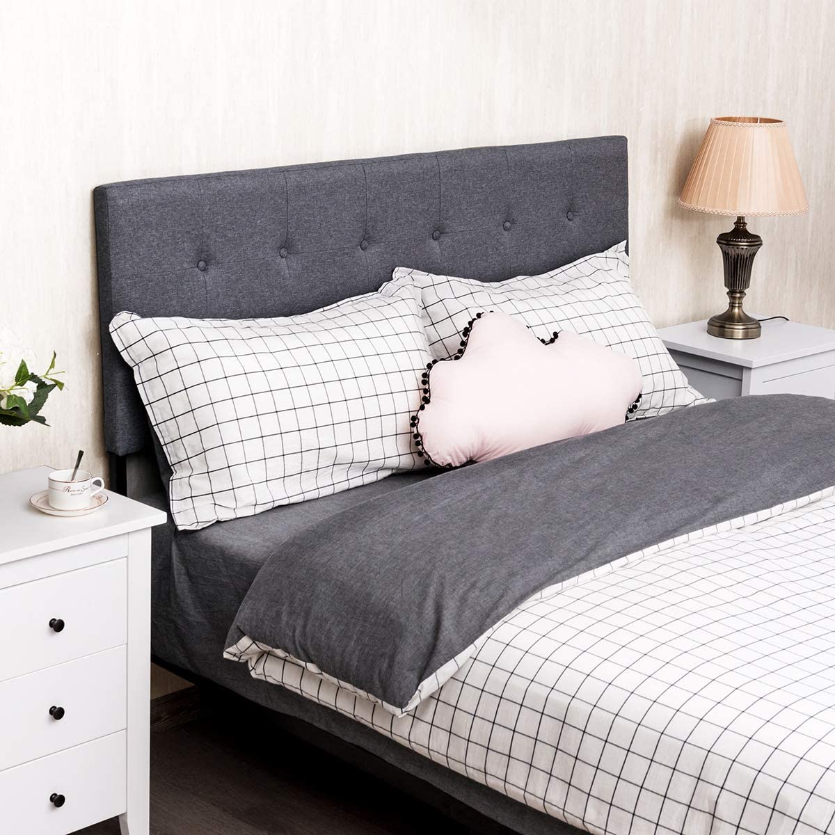 Modern Upholstered Headboard, Tufted Button Faux Linen Headboards, 3 Level Adjustable Height, Heavy Duty Metal, Queen& Full Size Suitable (Grey)