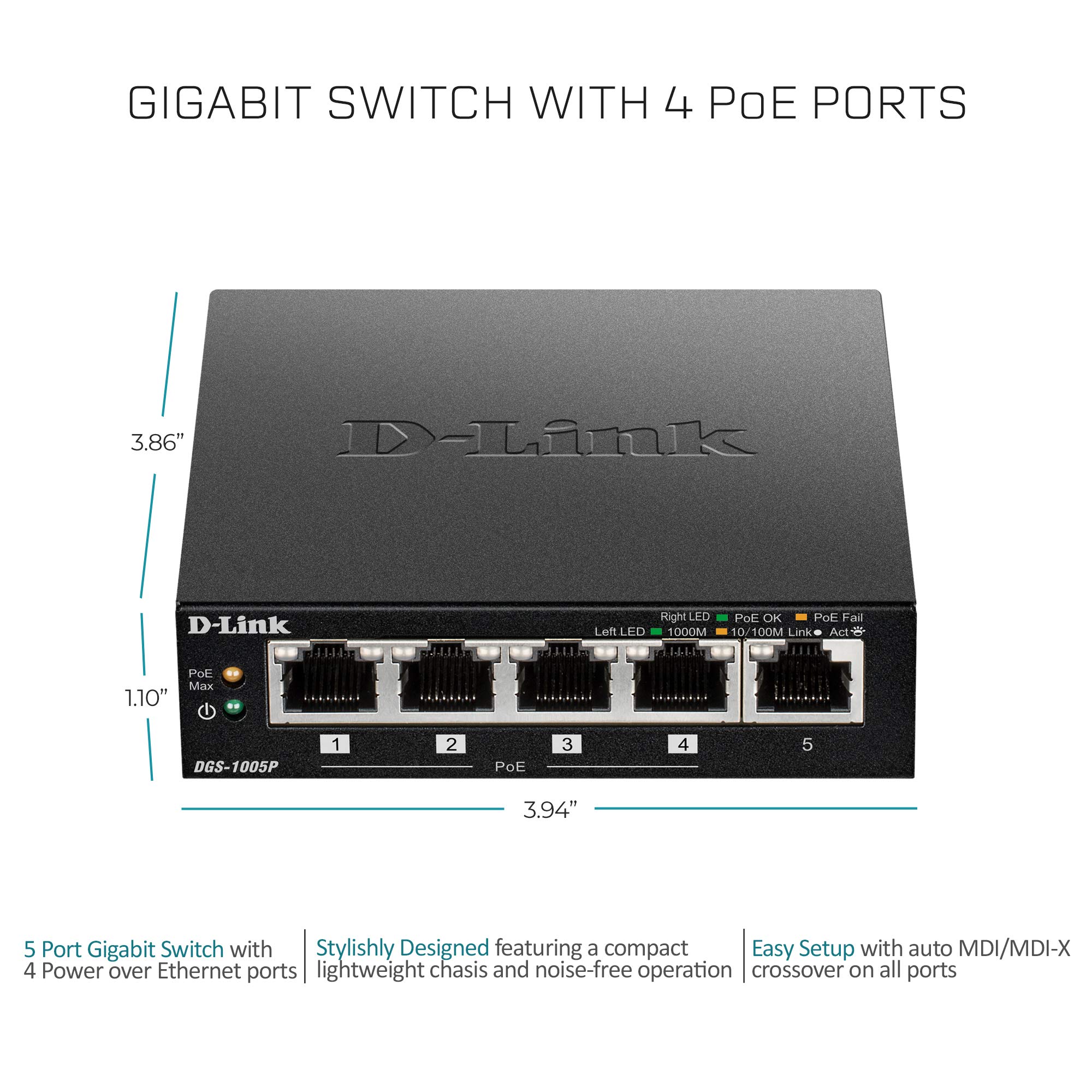 D-Link 5-Port Gigabit PoE+ Unmanaged/Plug and Play (60W Total PoE Budget 4xPort) Metal Compact Desktop Switch - (DGS-1005P)