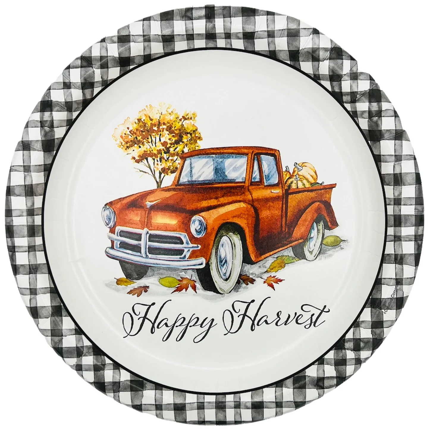 Thanksgiving Disposable Dinnerware Set for Your Holiday Party - Large Round Dinner Plates, Dessert Plates and Napkins with Place Cards - Truck Harvest - Fall Party Kit (Service for 18)