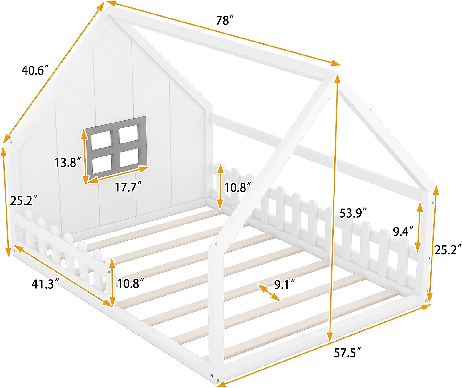 House Bed Full Size Floor Bed Wih Fece Railigs Ad Widow, Woode Moessori Floor Bed, Full Size Bed Frame For Kids, Fu Playhouse Beds For Girls Boys, Whie