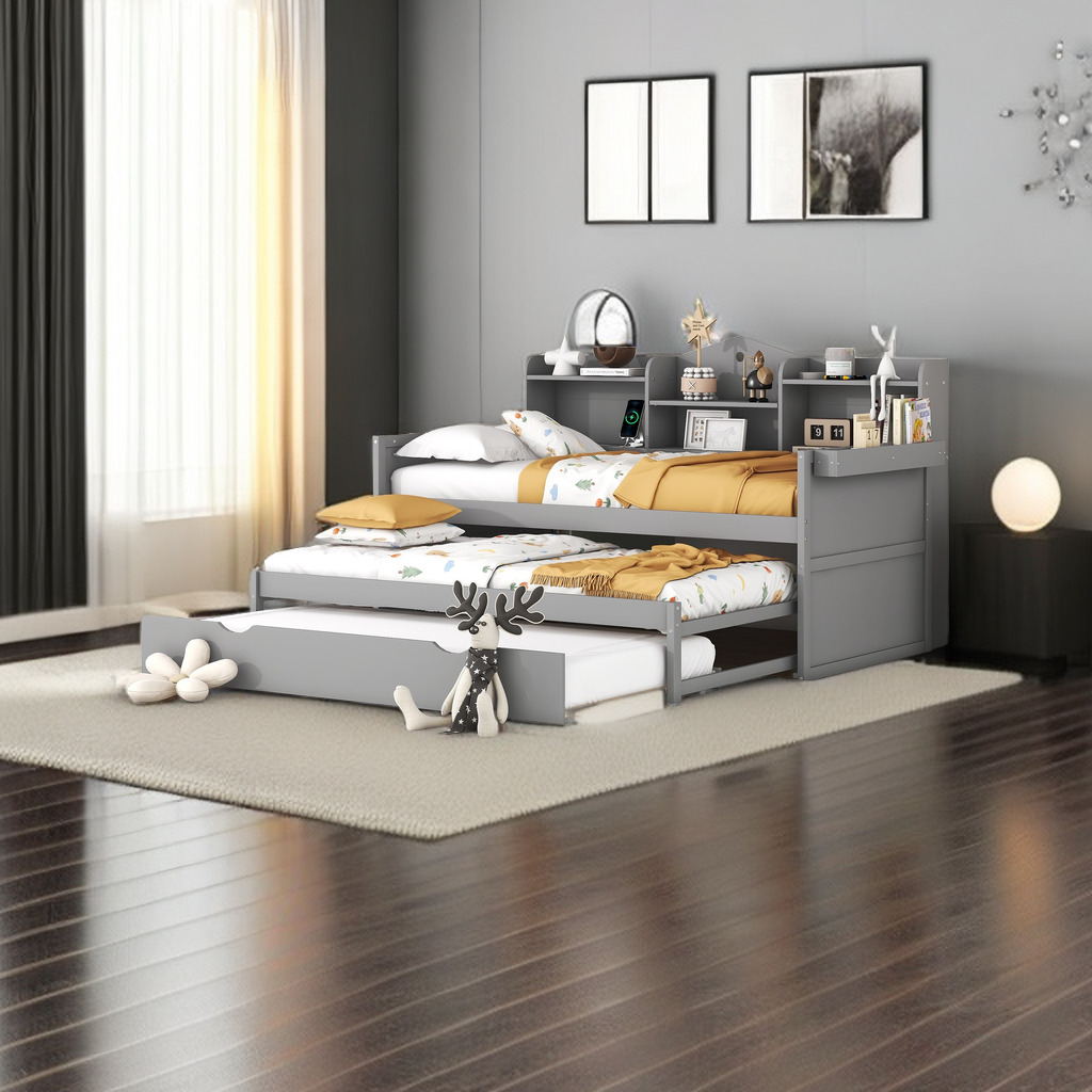 Twin XL Wooden Daybed Bed Frame for Boys Girls Kids Adults Toddler with 2 Twin Trundles and Storage Shelf, Daybed with USB Charging Ports, No Box-Spring Needed, Gray