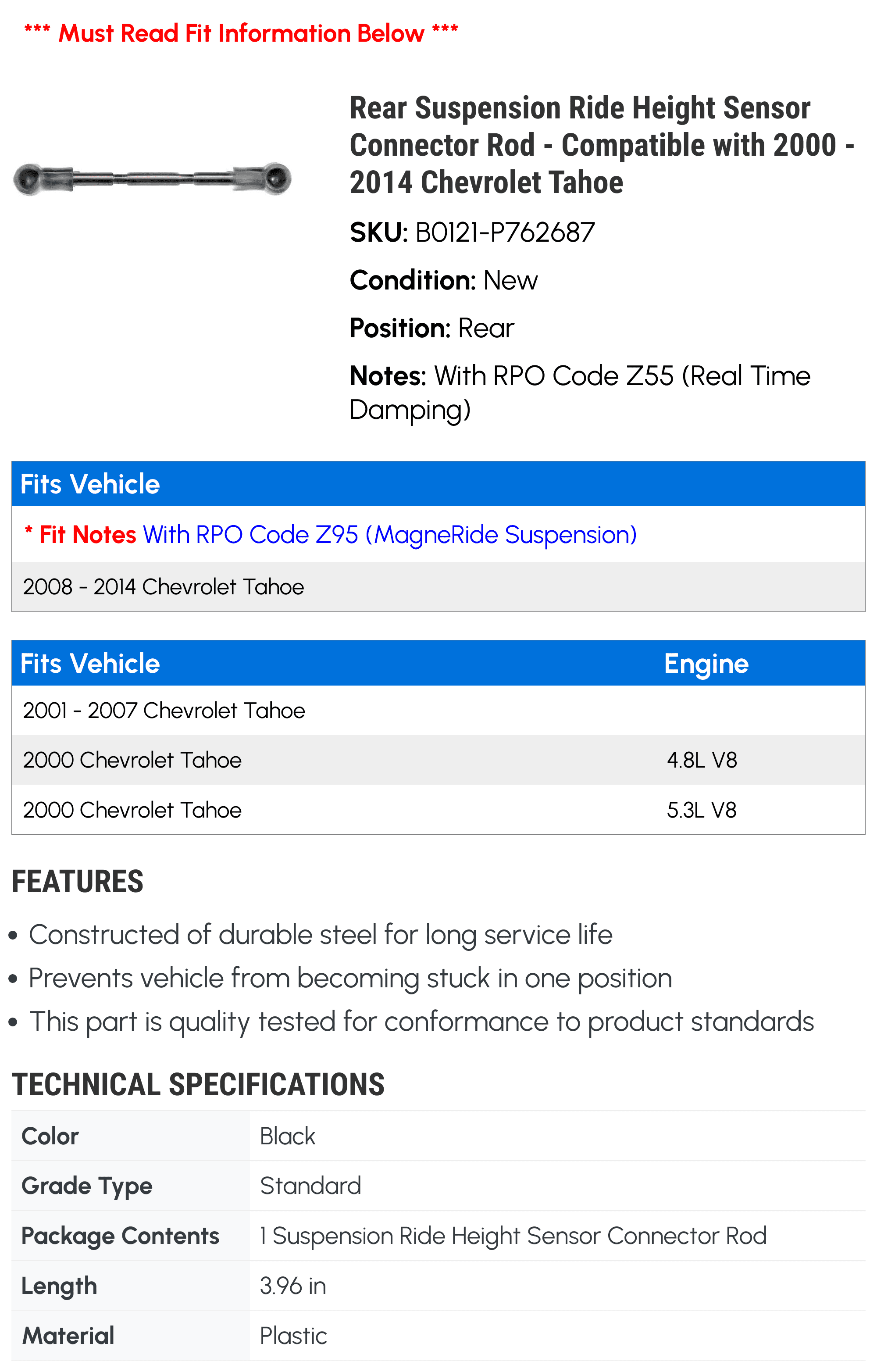 Rear Suspension Ride Height Sensor Connector Rod - Compatible with 2000 - 2014 Chevy Tahoe 2001 2002 2003 2004 2005 2006 2007 2008 2009 2010 2011 2012 2013