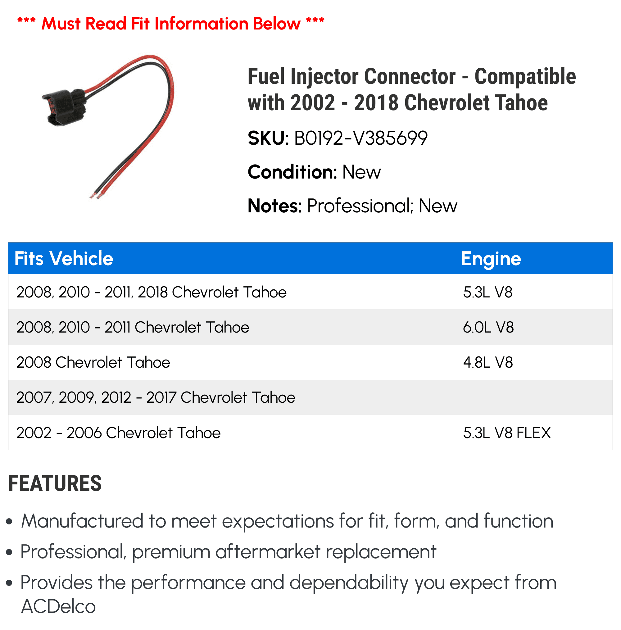 Fuel Injector Connector - Compatible with 2002 - 2018 Chevy Tahoe 2003 2004 2005 2006 2007 2008 2009 2010 2011 2012 2013 2014 2015 2016 2017