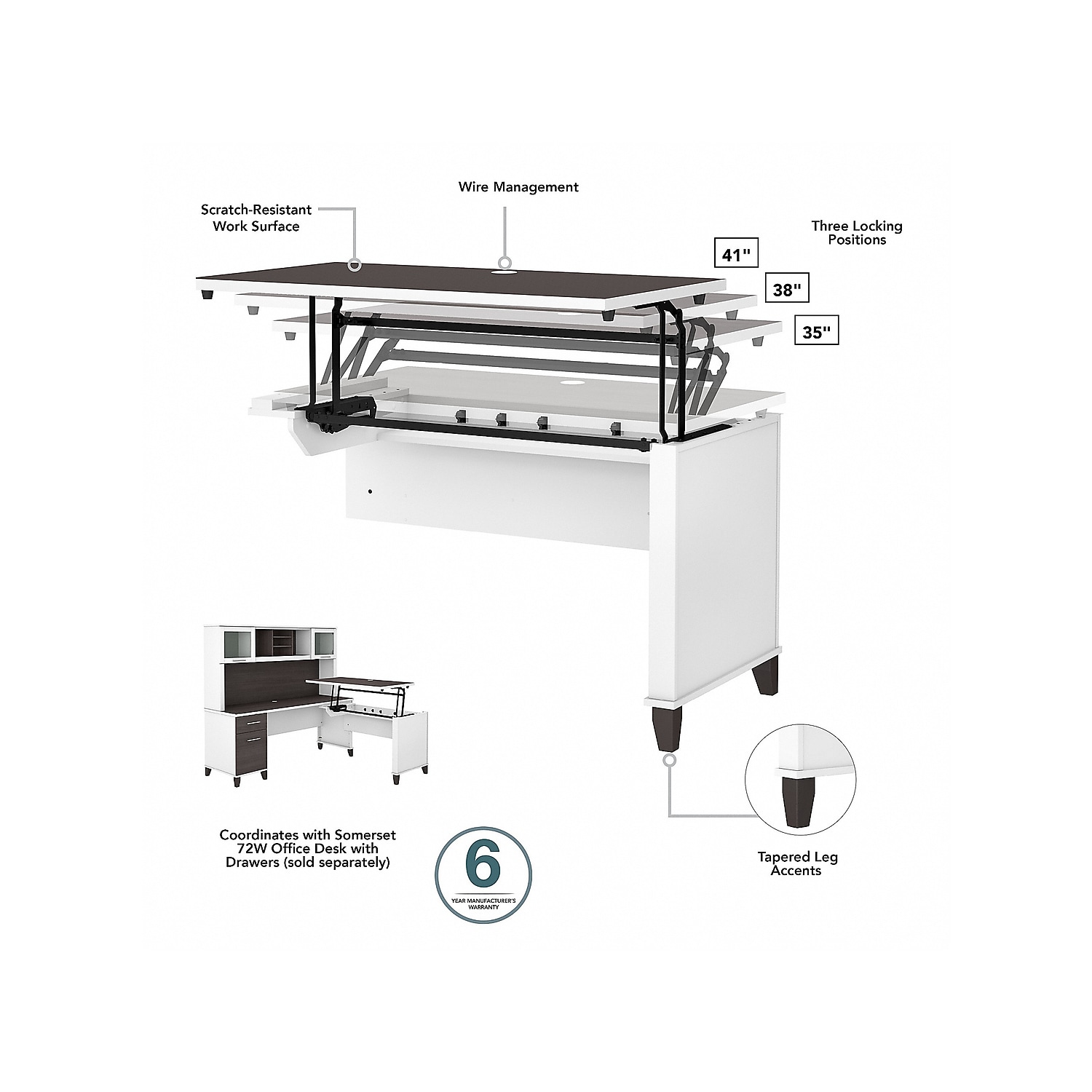 Somerset Sit to Stand L Desk Set with Bookcase in White/Gray - Engineered Wood