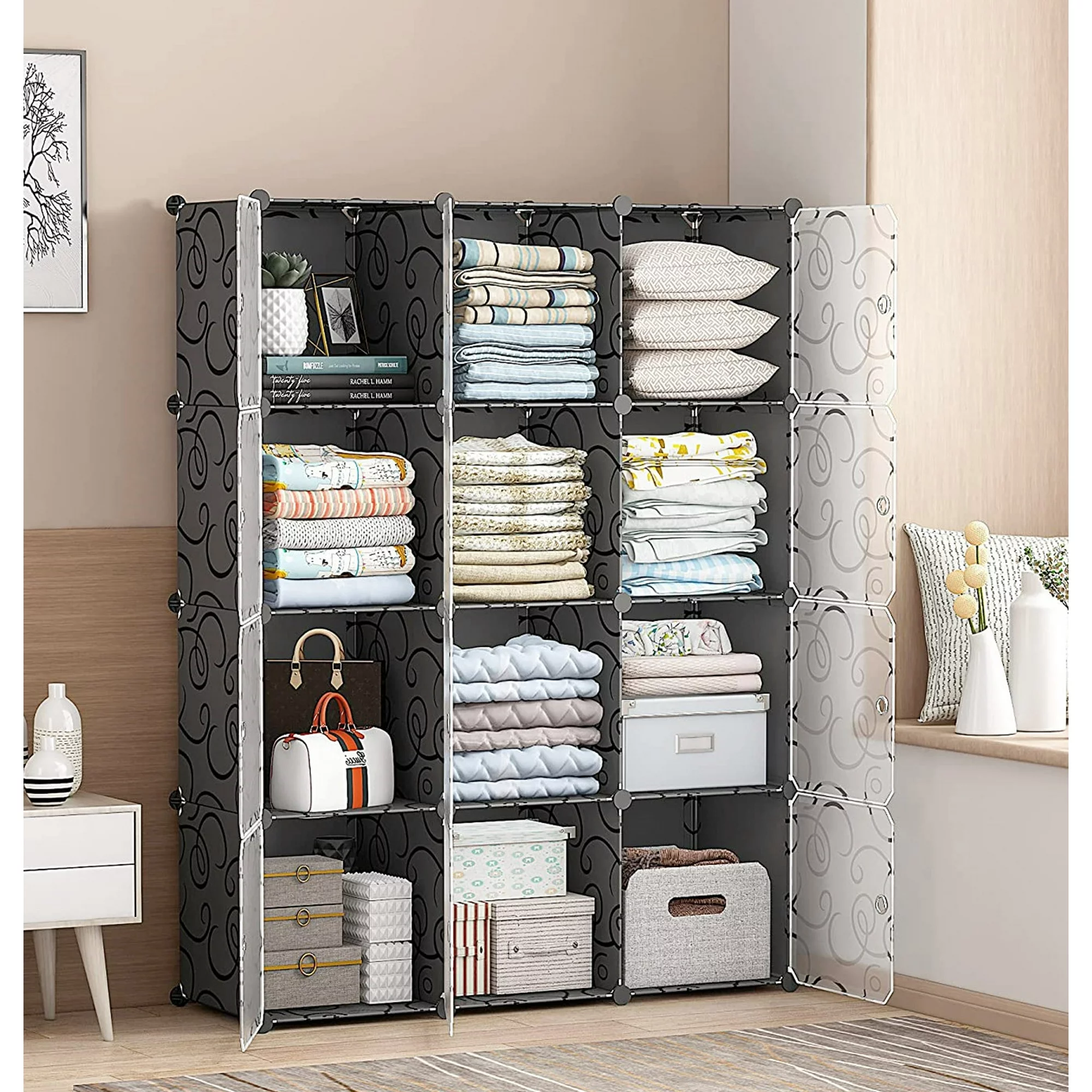 12-Cube DIY Portable Closet Cube Organizers, Plastic Bookshlef Wardrobe Cabinet Storage Organizer W/Doors, Display Storage System DIY Bookshelf Organizer Shelves Plastic Storage Cube