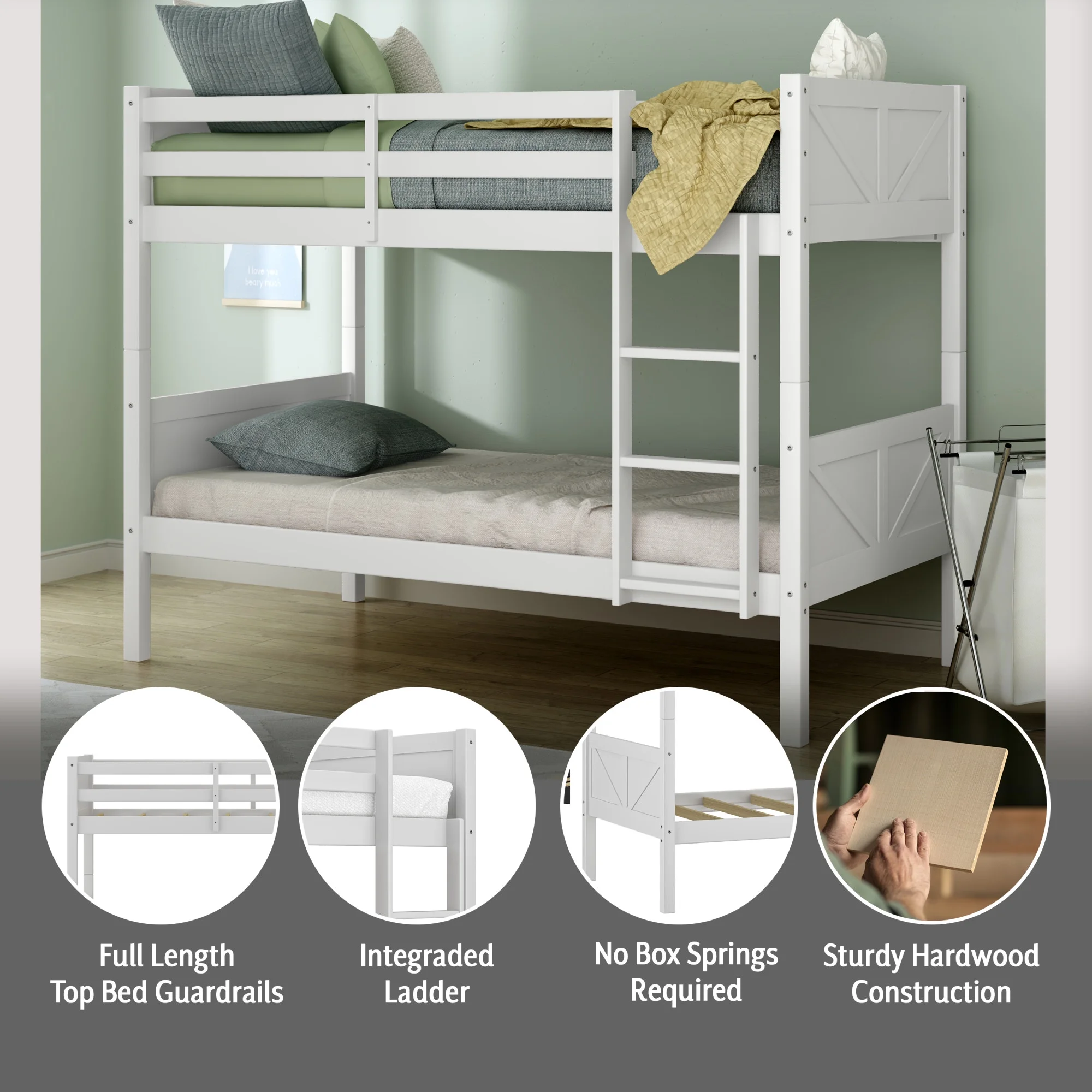 Rae Wood Twin over Twin Bunk Bed, White, by Hillsdale Living Essentials