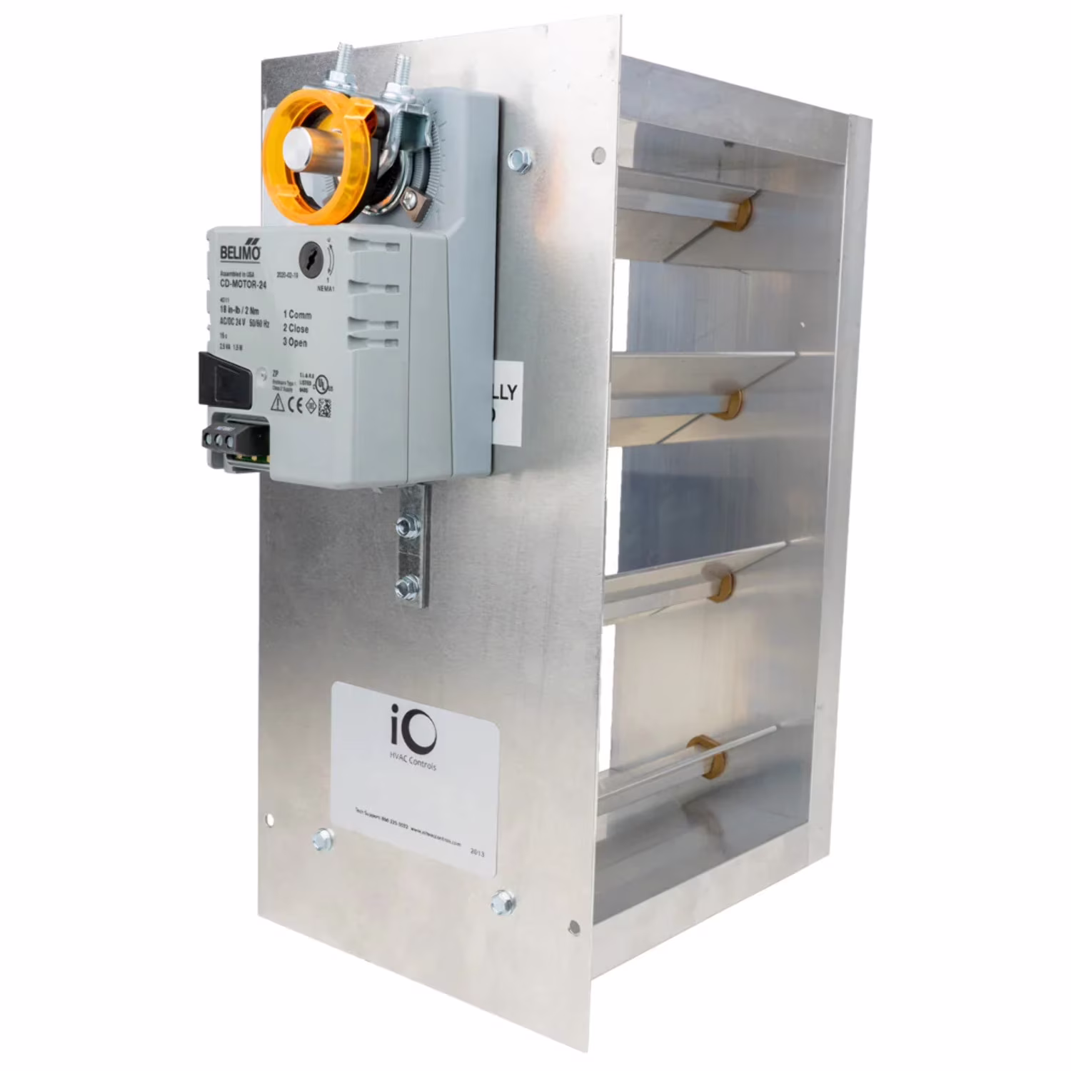 iO HVAC Controls CD-1208-BM 12 x 08 CarrierBryant Rectangular Zone Damper - Belimo 3 Wire Actuator - Bottom Mount