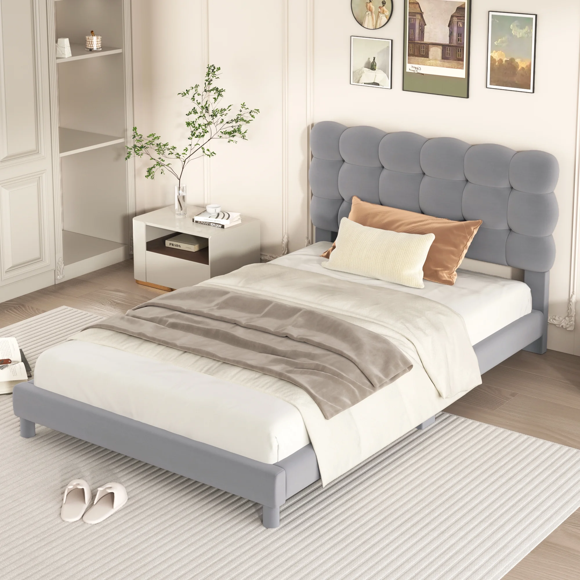 EUROCO Upholstery Twin Size Platform Bed with Padded Headboard for Kids Teens Adults, Gray