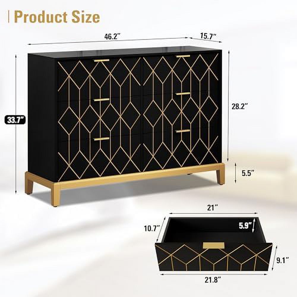 6 Drawer Double Dresser for Bedroom   Tall Dresser with Wide Drawers  Green Wooden Chest of Drawers with Gold Lines Carved for Bedroom  Nursery  Entryway and Hallway