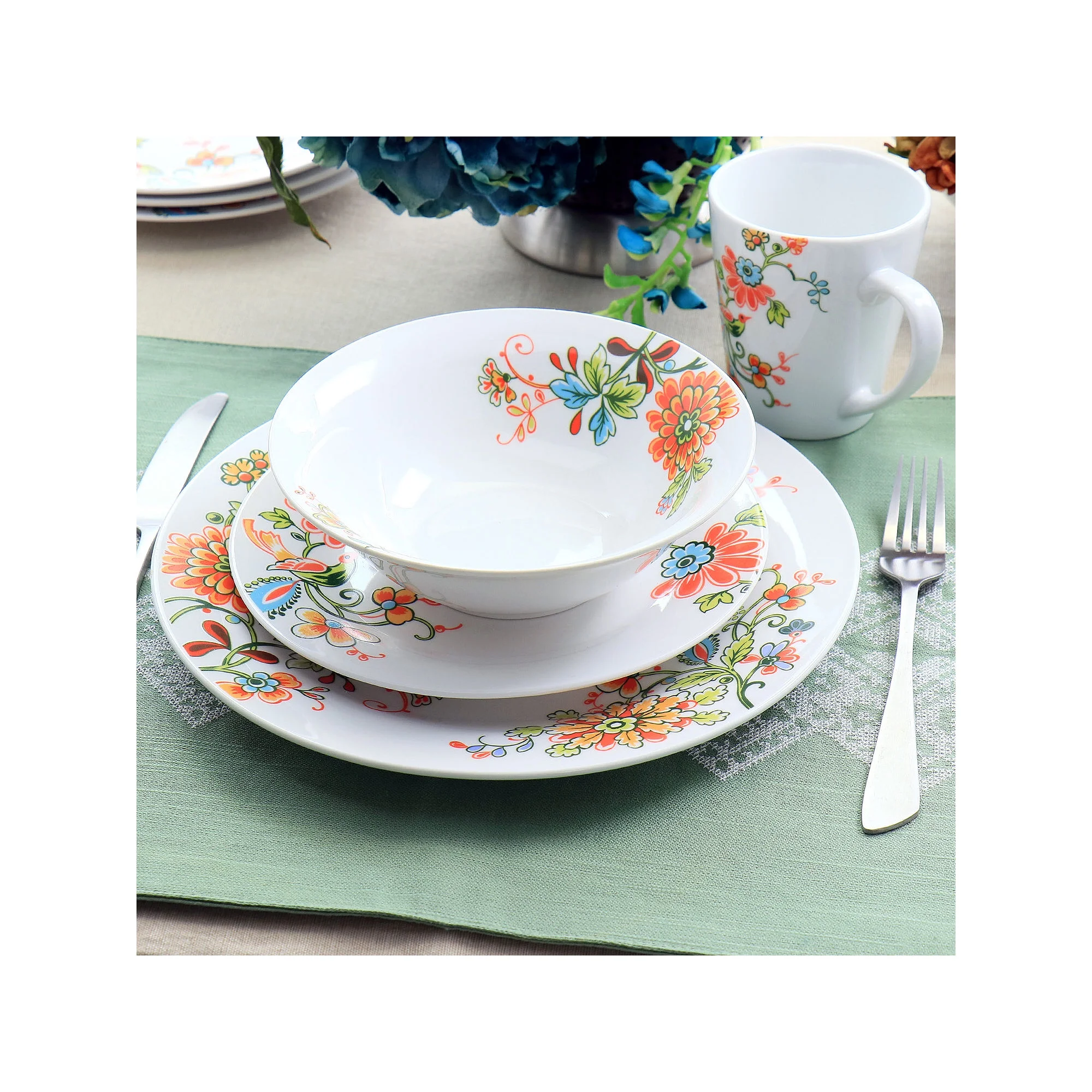 Elama Spring Bloom 16 Piece Round Porcelain Dinnerware Set