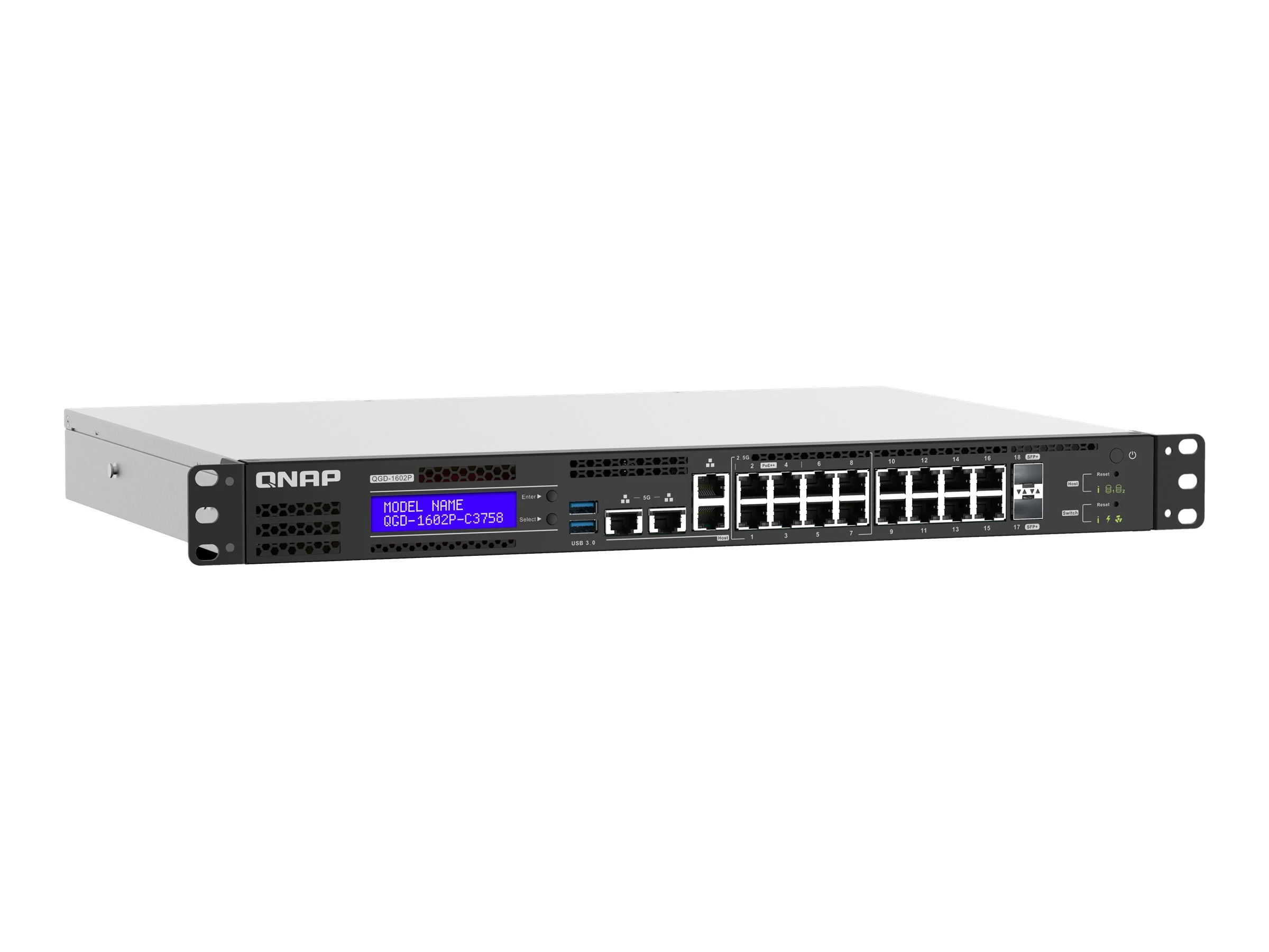 QNAP QGD-1602P - Switch - smart - 4 x 100/1000/2.5G (PoE++) + 4 x 100/1000/2.5G (PoE+) + 8 x 10/100/1000 (PoE+) + 2 x 10 Gigabit SFP+ - rack-mountable - PoE++ (200 W)