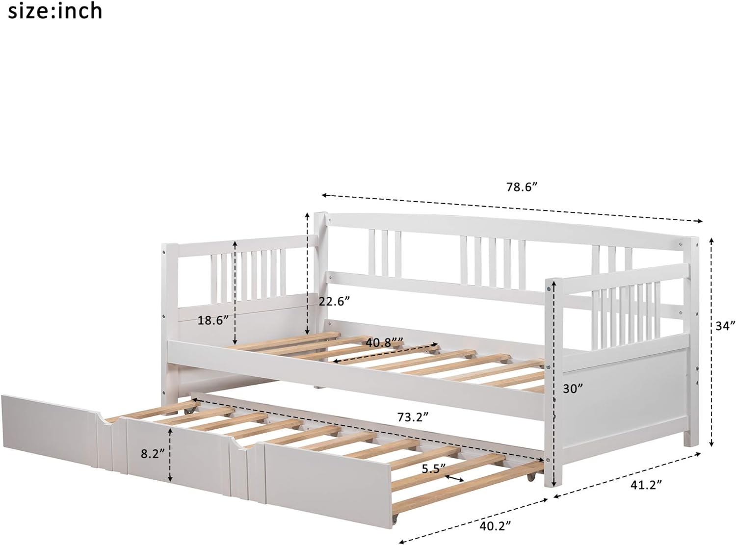Daybed Wih A rudle, Daybed, Wood rudle Daybed, Sadard Bed Sofa For Livig Room,Gues Room,Childre Room,o Box Sprig eeded,Whie