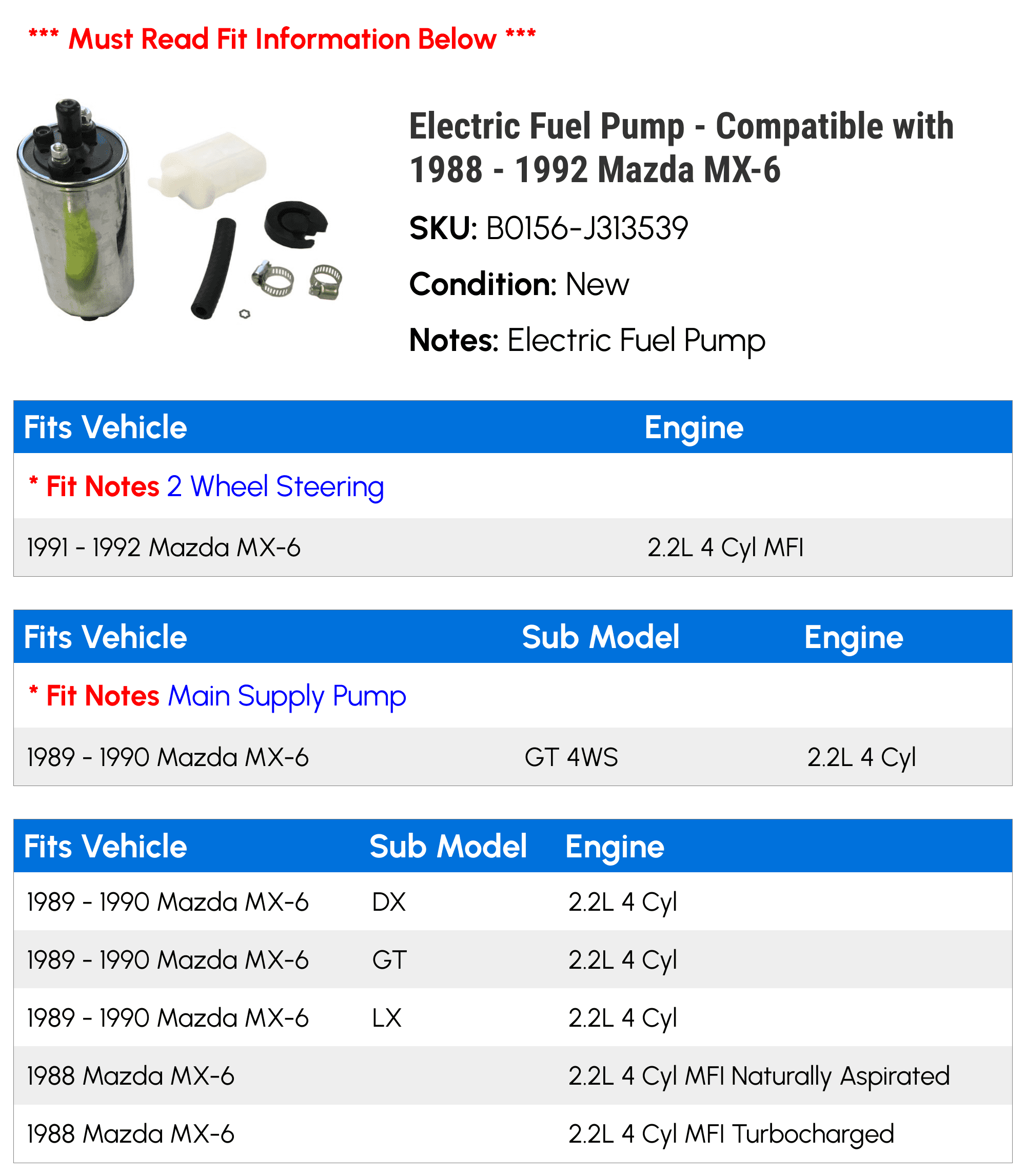 Electric Fuel Pump - Compatible with 1988 - 1992 Mazda MX-6 1989 1990 1991