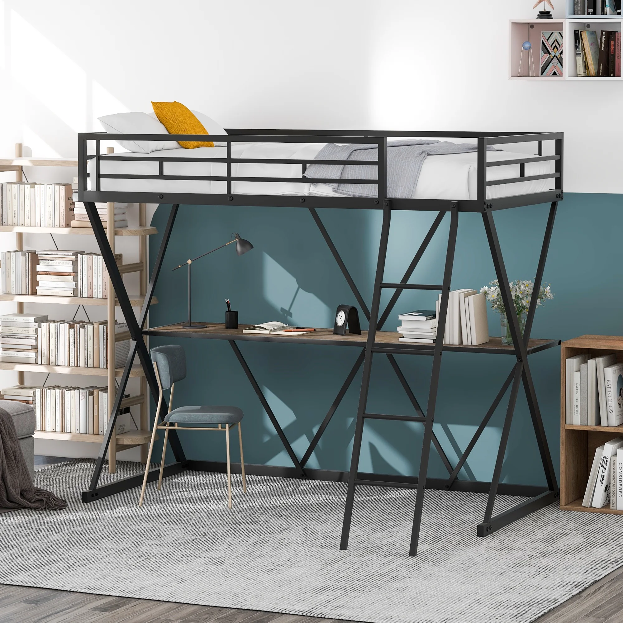 Gewnee Metal Twin Loft Bed with Desk and Ladder, X-Shaped Bed Frame for Kids,Teens, Black