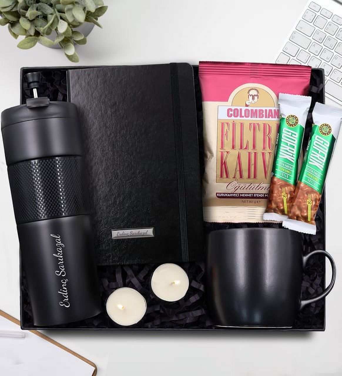 Personalized Design French Press Thermos & 2 Piece Walsale Chocolate & Black Notebook & Black Matte Mat Mat & 2 Piece Candle & Colombian Fresh Fresh Coffee Gift Set
