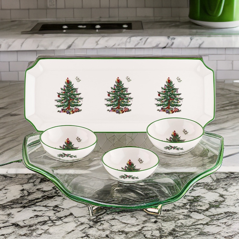 Spode Christmas Tree Rectangular Tray with Dipping Bowls, 4 Piece Dip Set Includes Tray and 3 Dip Bowls, Made of Fine Earthenware