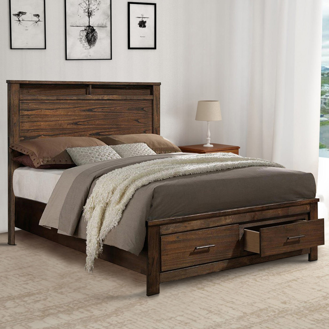 Enchanting Wooden Queen Bed With Display And Storage Drawers, Oak Finish- Saltoro Sherpi