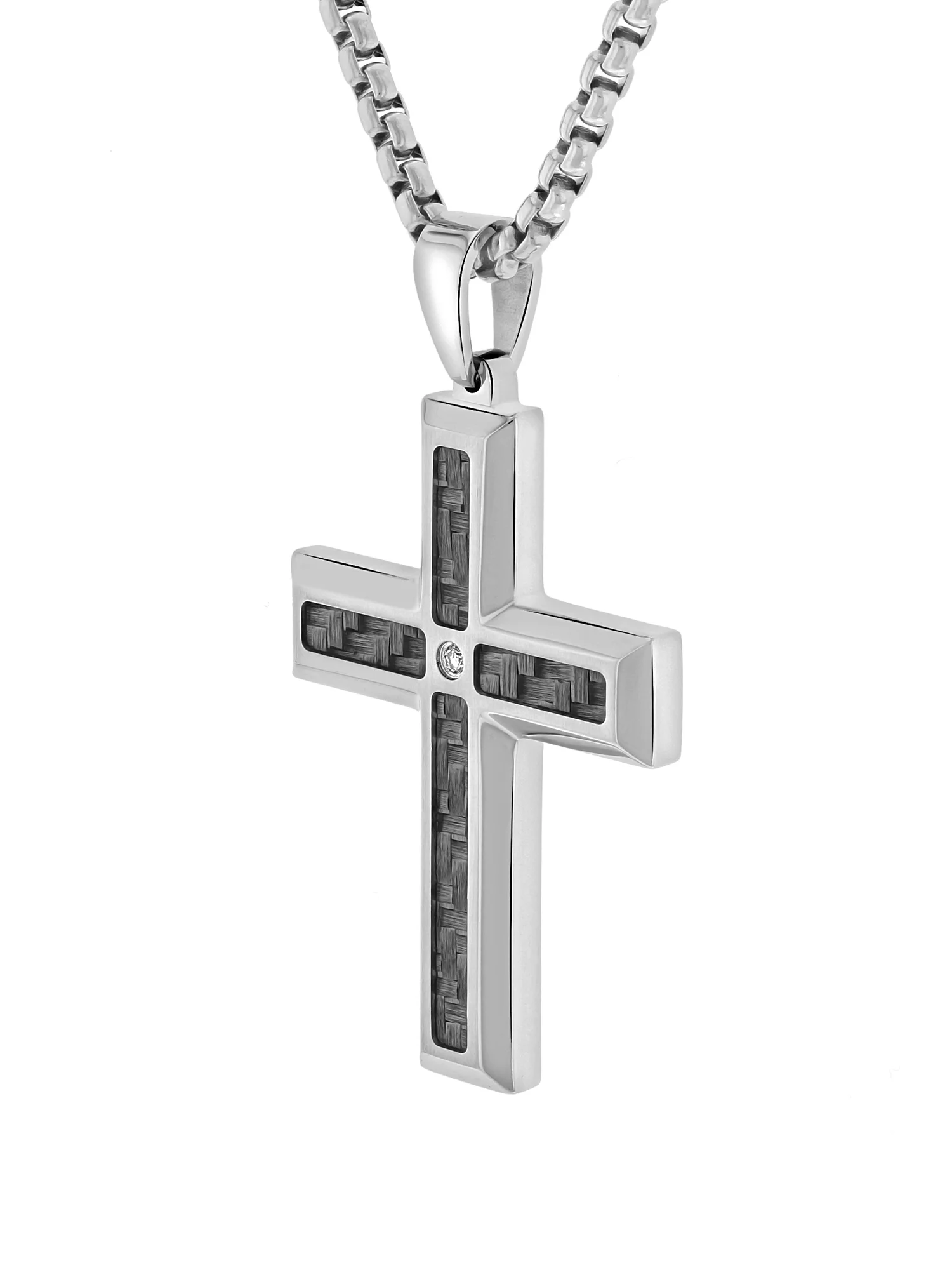 Men’s Stainless Steel Diamond Accent Carbon Fiber Inlay Cross Pendant