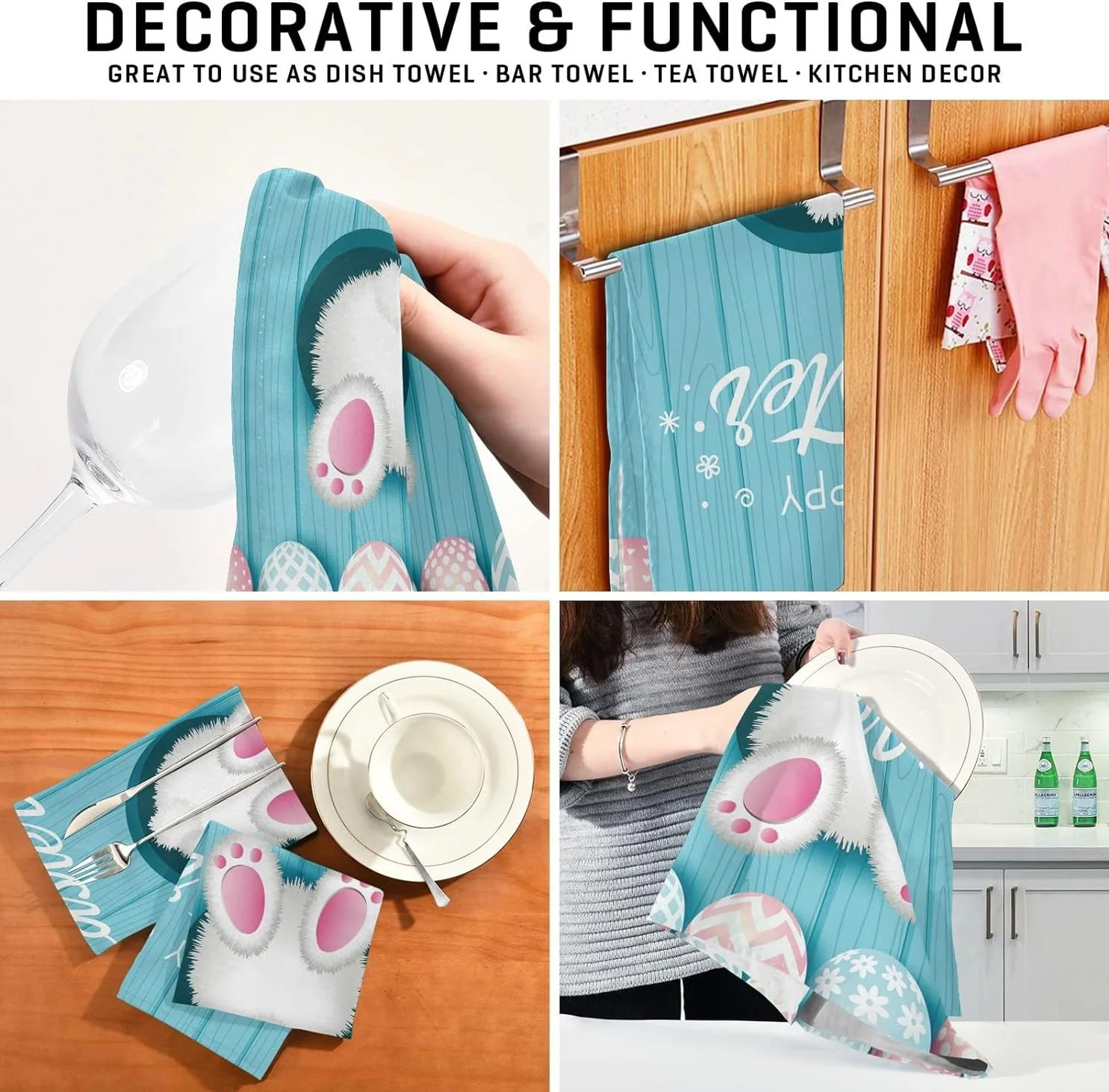 Funny Bunny Bottom on Wooden Kitchen Tea Towels Set of 6 Absorbent Hand Dish Towels, Happy Easter Dishcloths Lint-Free 18x28 Inch Fast Drying for Cooking Baking Home Clean