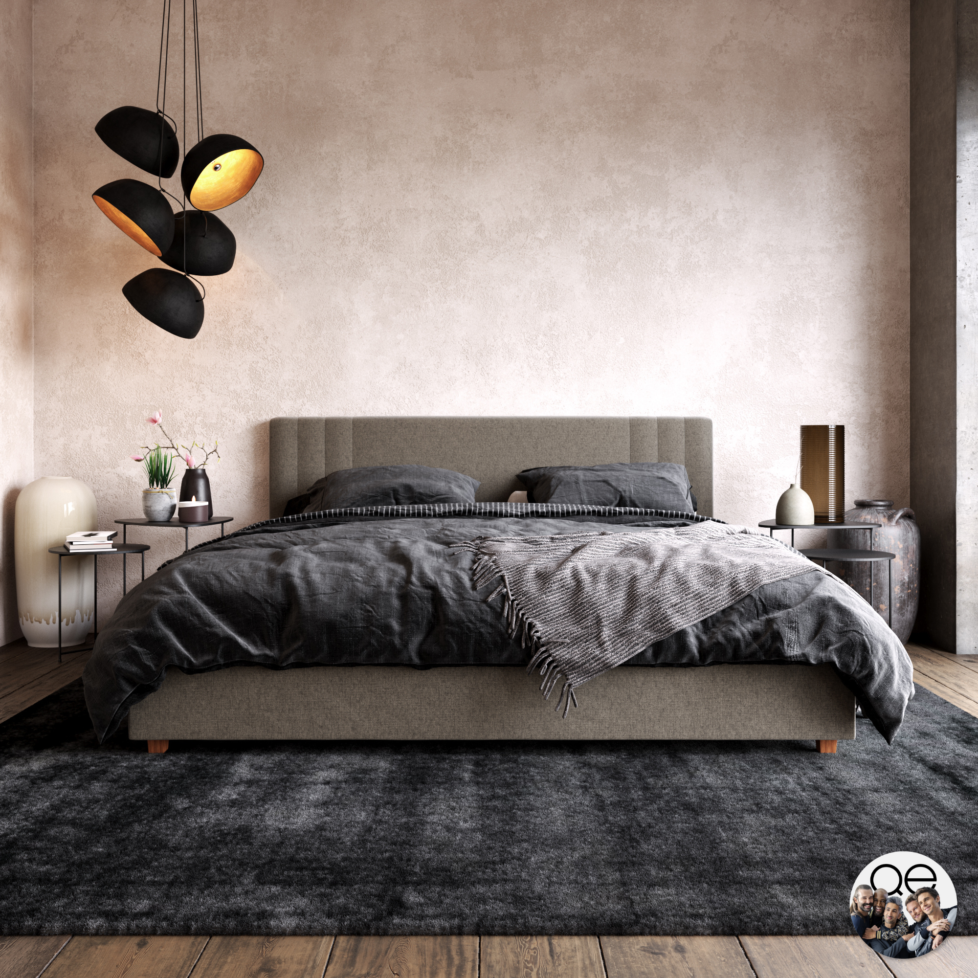 Queer Eye Wynn Upholstered Bed with Headboard and Frame, Bedroom Furniture, Light Gray Linen, King size