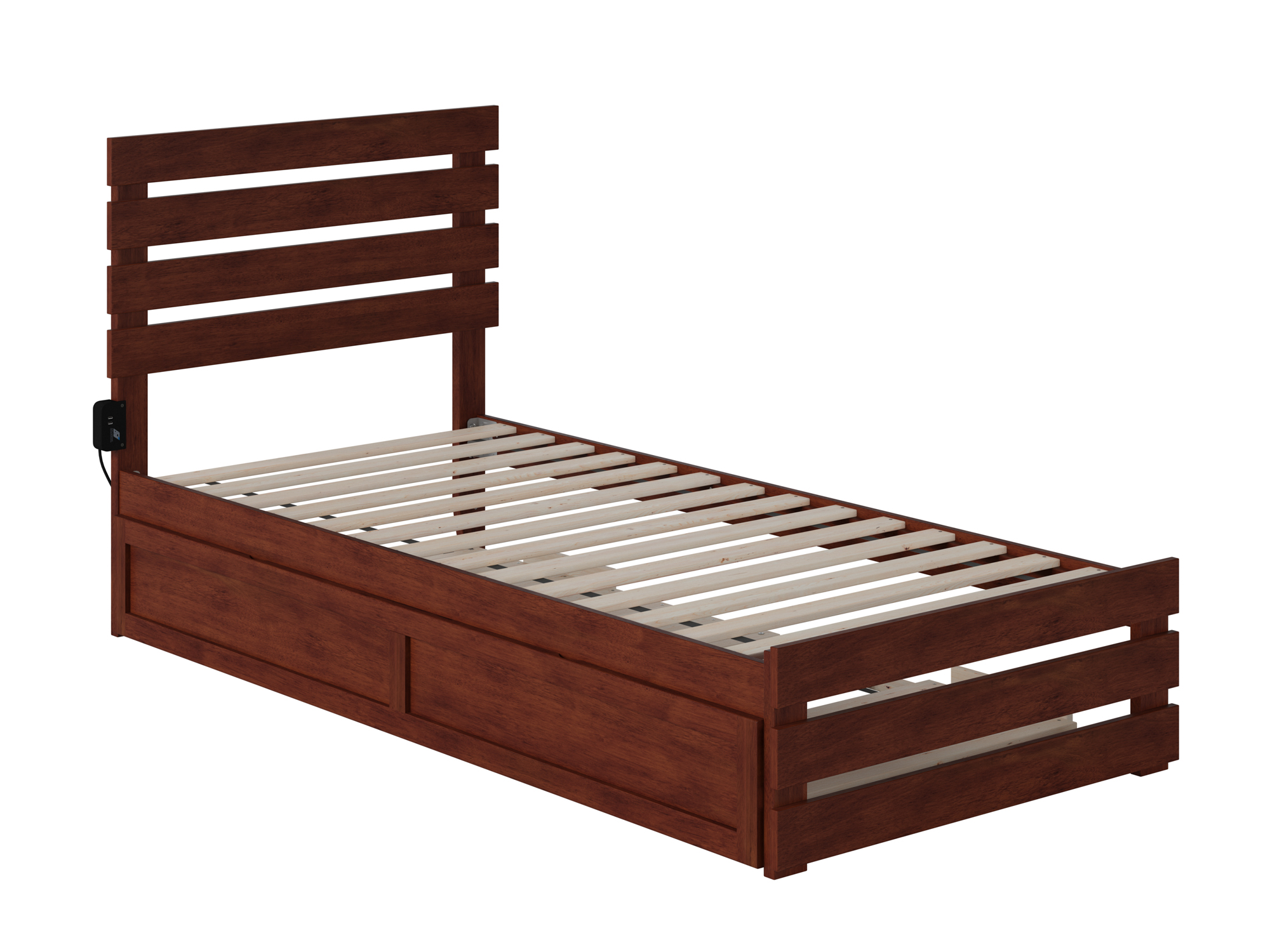 Oxford Twin Extra Long Bed with Footboard and USB Turbo Charger with Twin Extra Long Trundle in Walnut