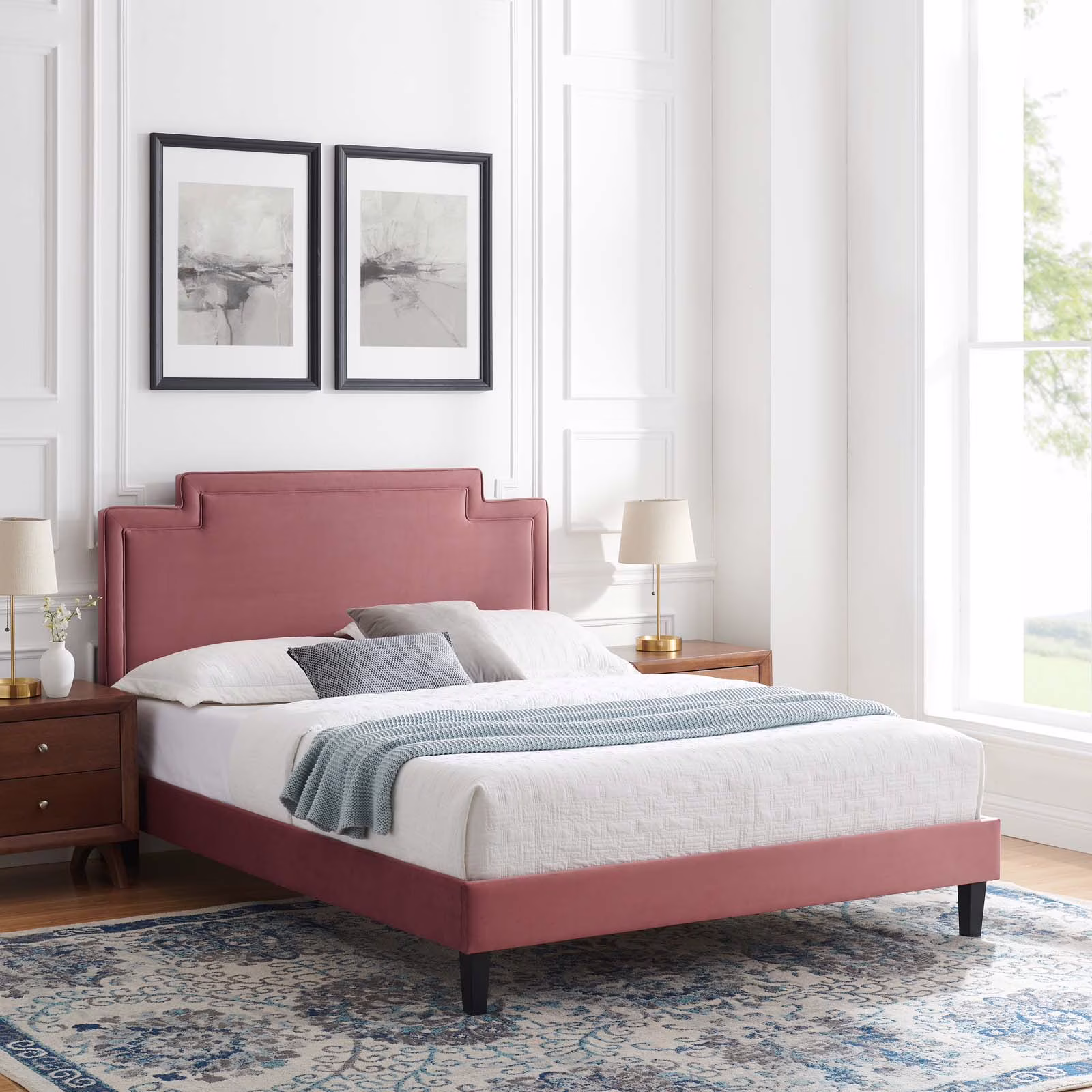 Modway Liva Performance Velvet Twin Bed in Dusty Rose