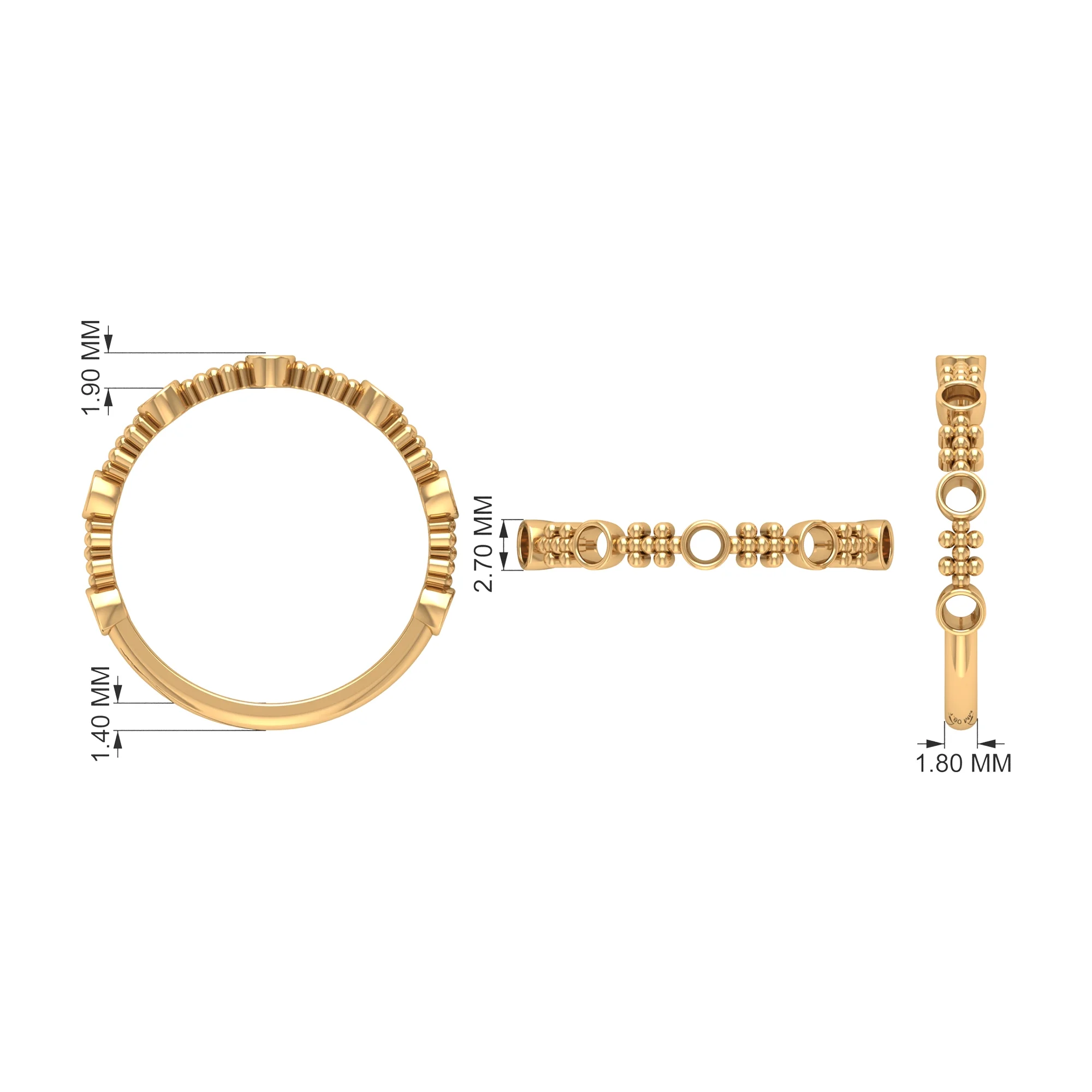 1/4 CT Bezel Set Black Diamond and Gold Beaded Stackable Ring, 925 Sterling Silver, US 4.00