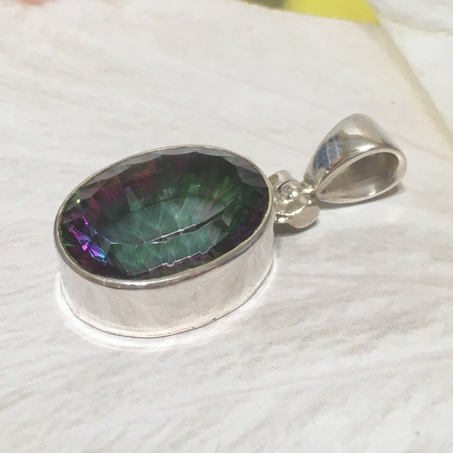 Gorgeous Hawaiian Large Genuine Rainbow Mystic Topaz Necklace, Sterling Silver Rainbow Topaz Pendant, N8242 Valentine Birthday Mom Gift