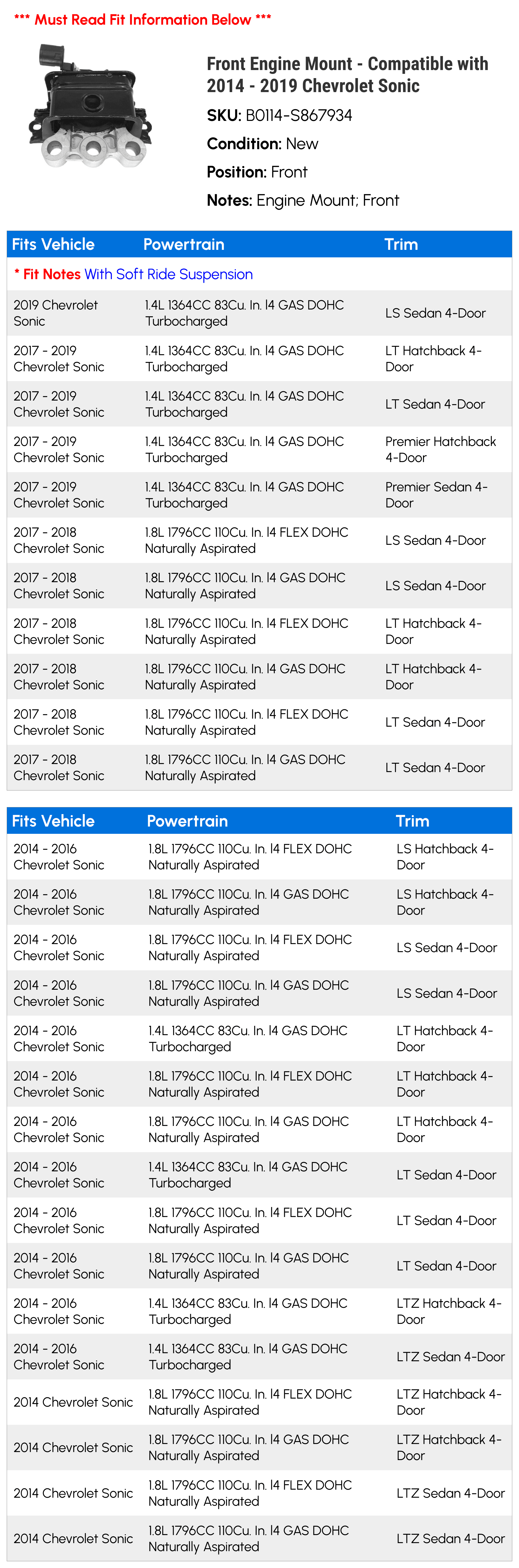 Front Engine Mount - Compatible with 2014 - 2019 Chevy Sonic 2015 2016 2017 2018
