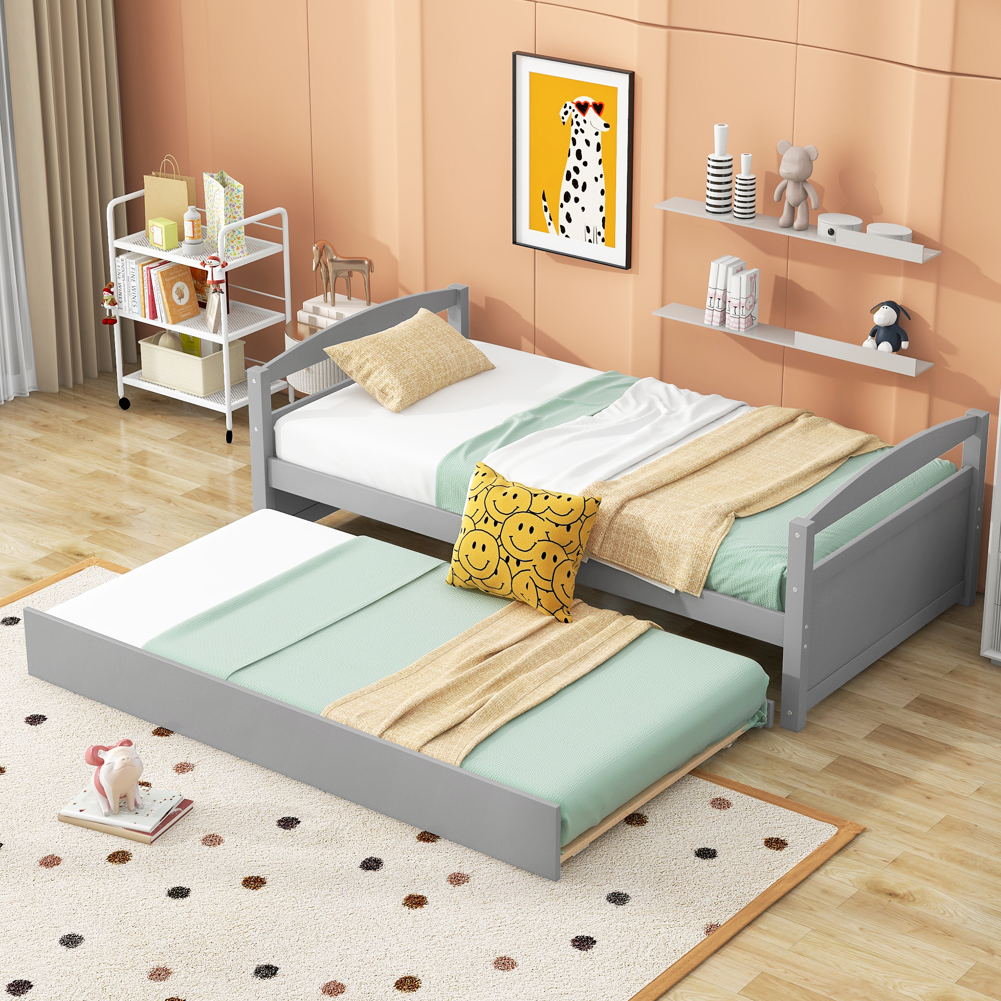 Euroco Twin Size Wooden Daybed with Trundle Bed, Gray