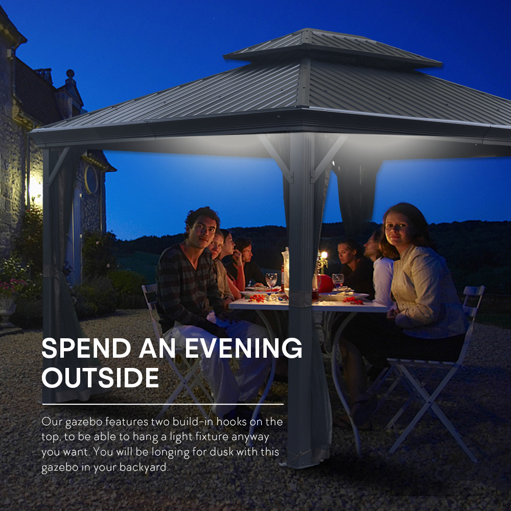 FineFind 10ft x 12ft Hardtop Gazebo with Netting for Patios, Lawn, Backyard and Deck(BLACK)