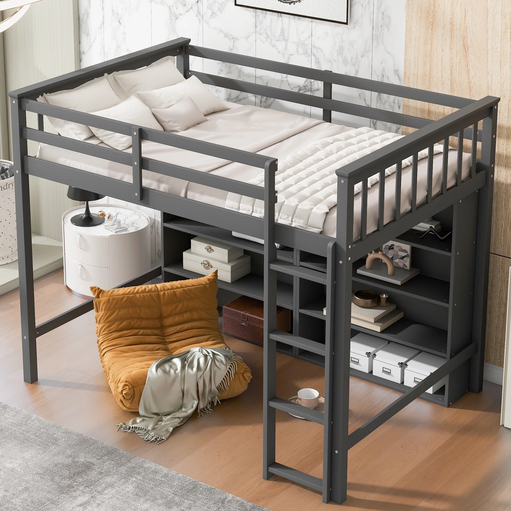 CoSoTower Twin Size Loft Bed with 8 Open Storage Shelves and Built-In Ladder, Gary