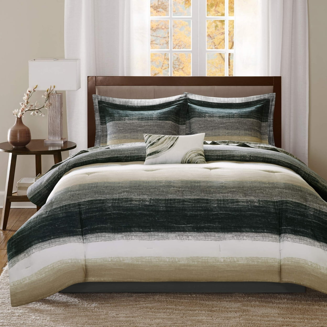 Madison Park Essentials 9-Piece Cal King Complete Comforter and Cotton Sheets Taupe Stripe Bed in a Bag