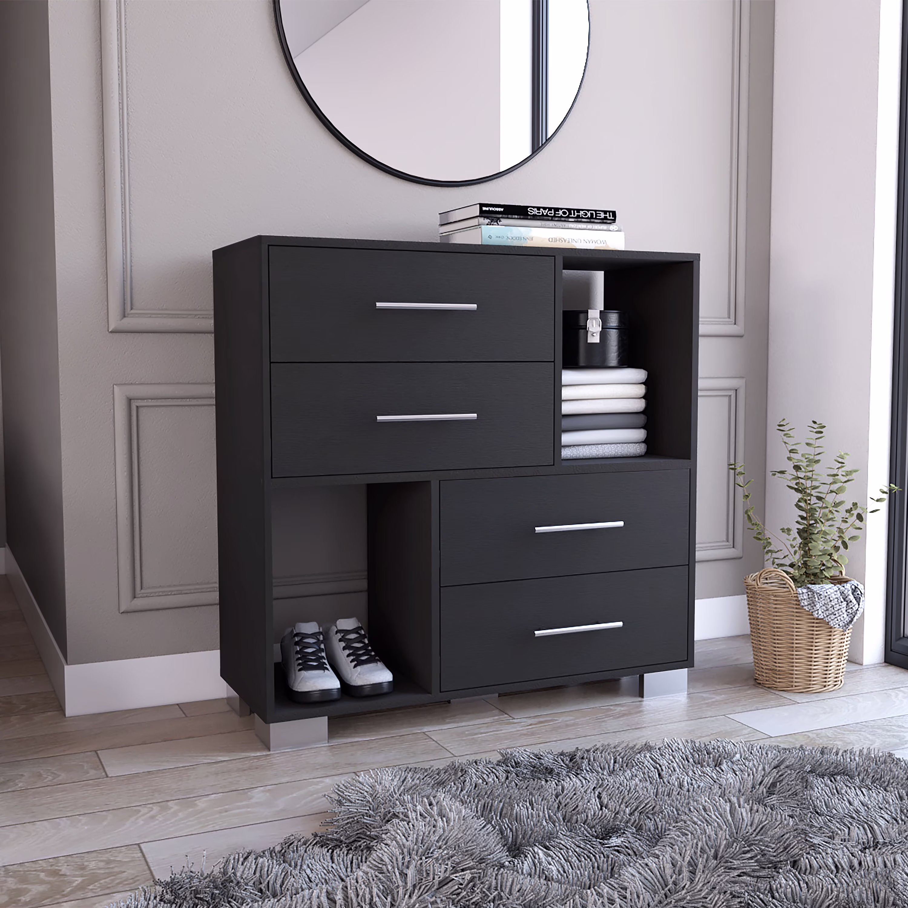 Krista Dresser, Two Open Shelves, Four Drawers -Black