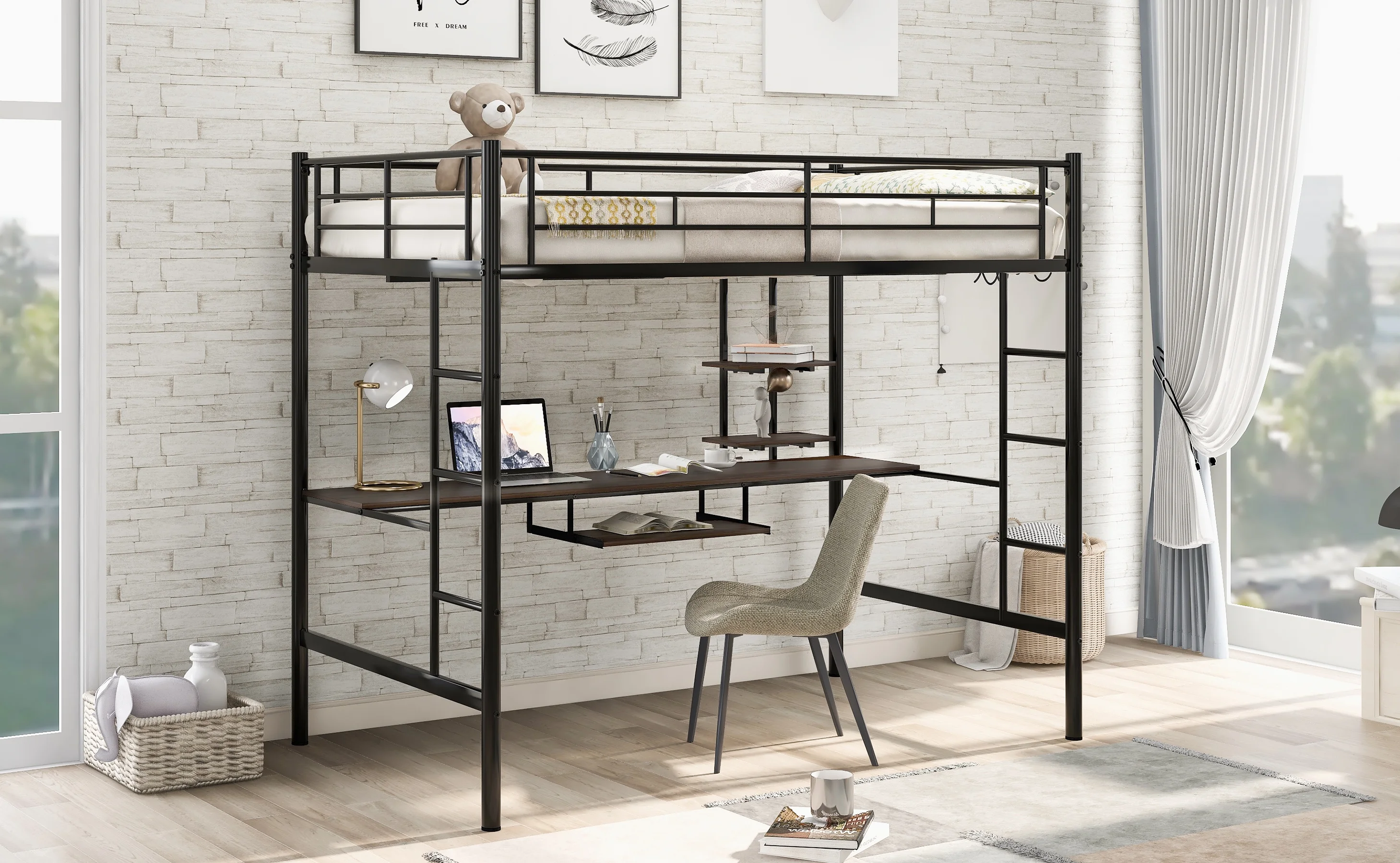 CoSoTower Loft Bed With Desk And Shelf, Space Saving Design, Full, Black