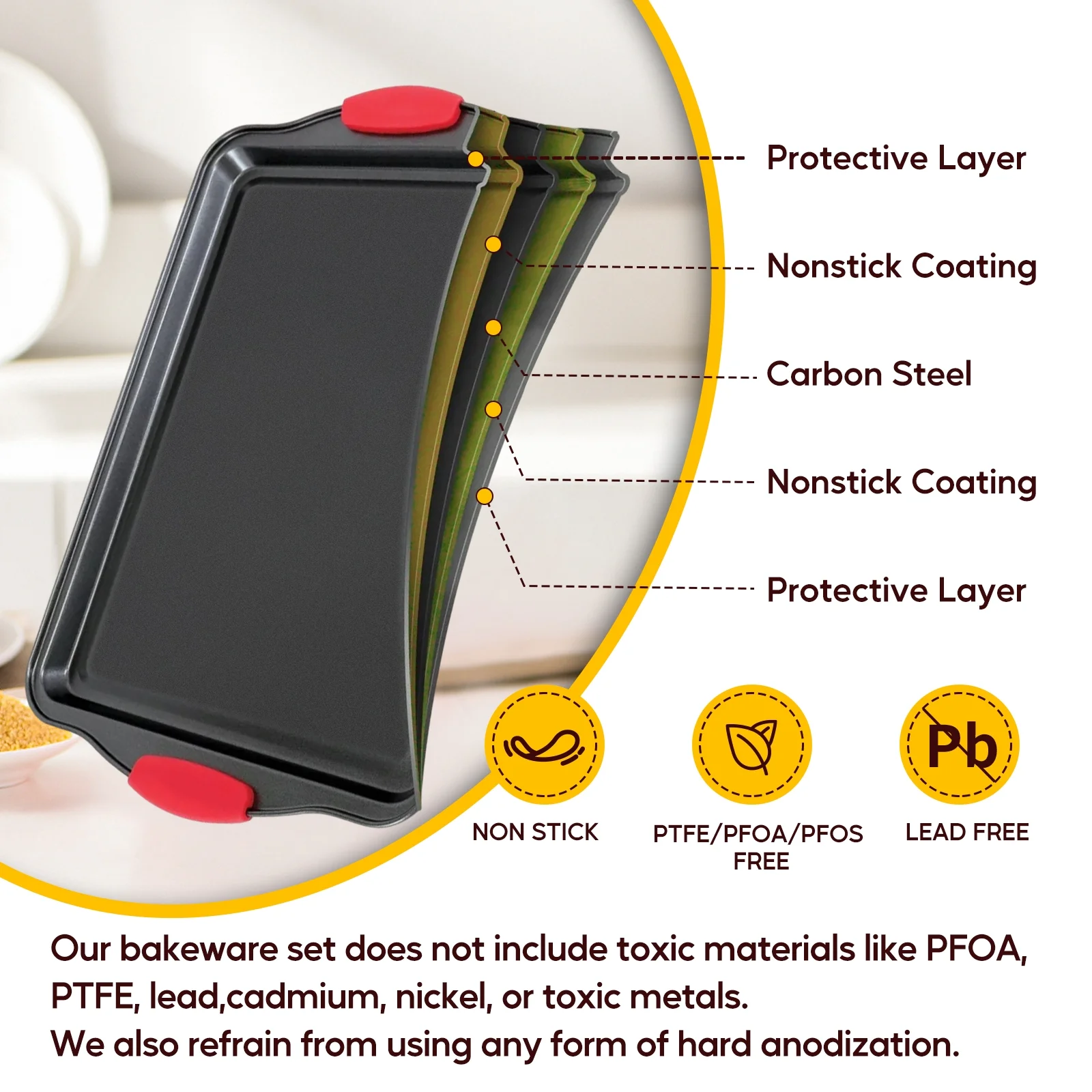 Katbite Nonstick Bakeware Set 3 Piece Set Nonstick Carbon Steel Oven Bakeware Kitchen Set with Silicone Handles,Baking Pan,Black