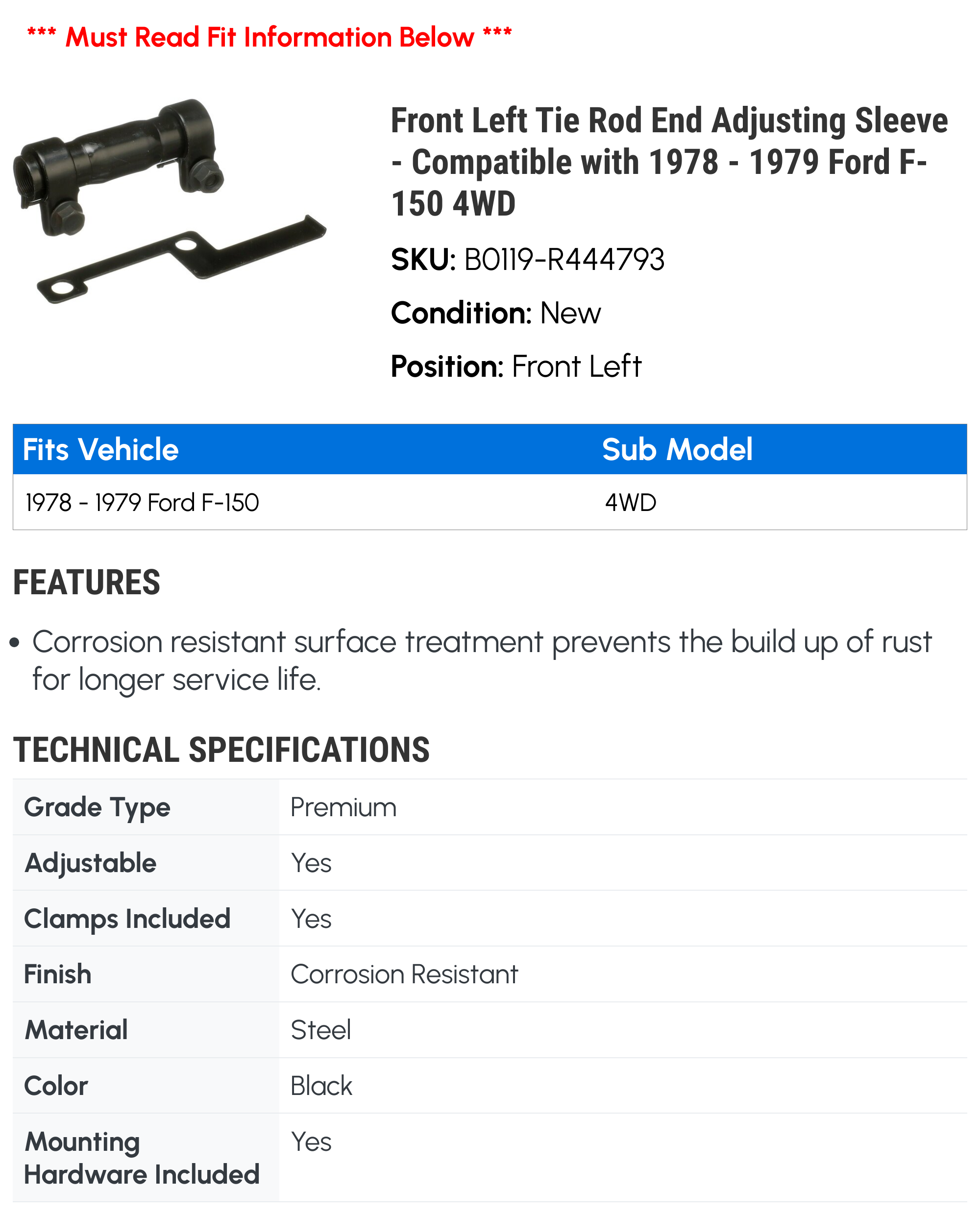Front Left Tie Rod End Adjusting Sleeve - Compatible with 1978 - 1979 Ford F-150 4WD
