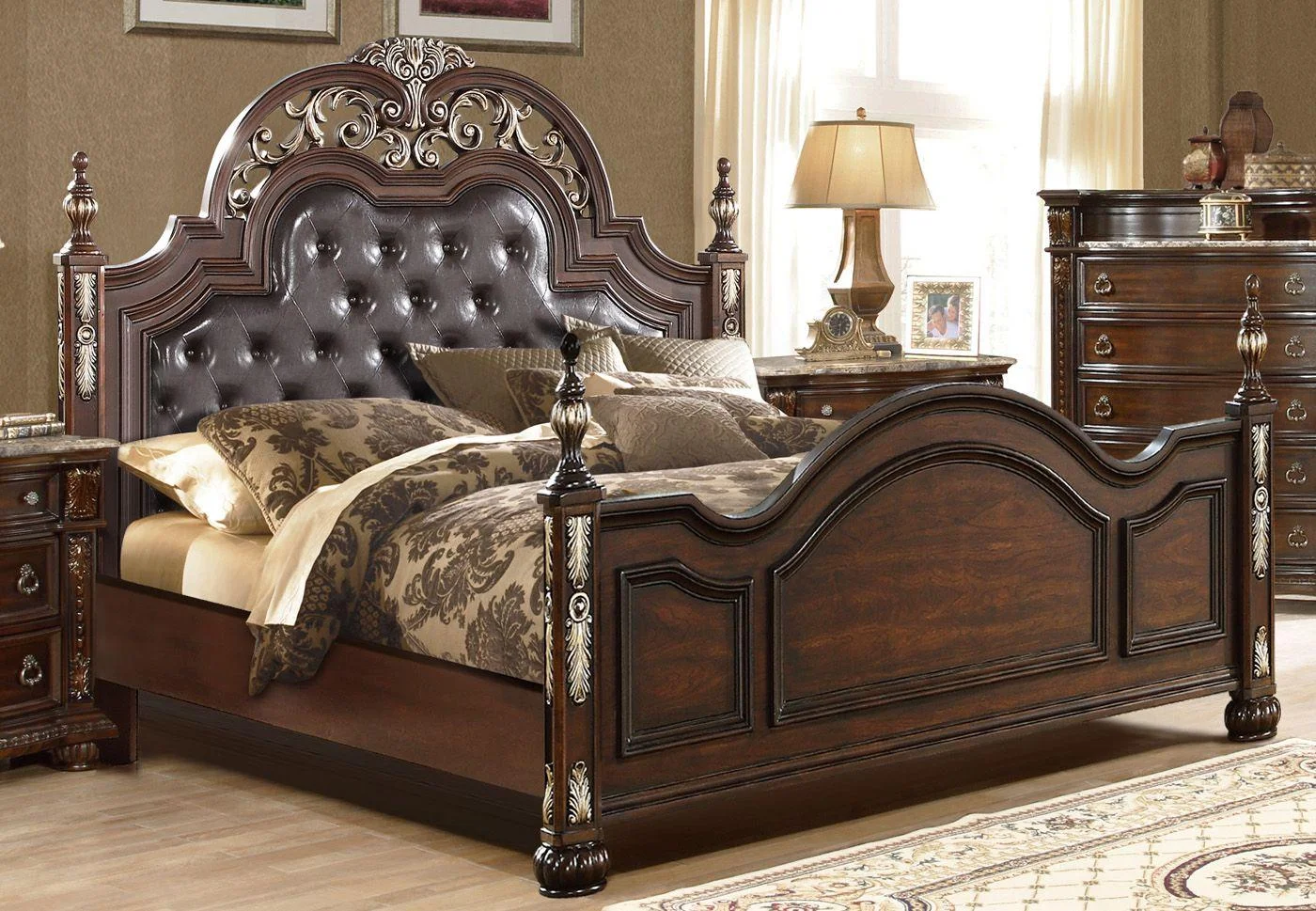 Dark Cherry Upholstered King Size Bedroom Set 6Pcs Traditional McFerran B9504
